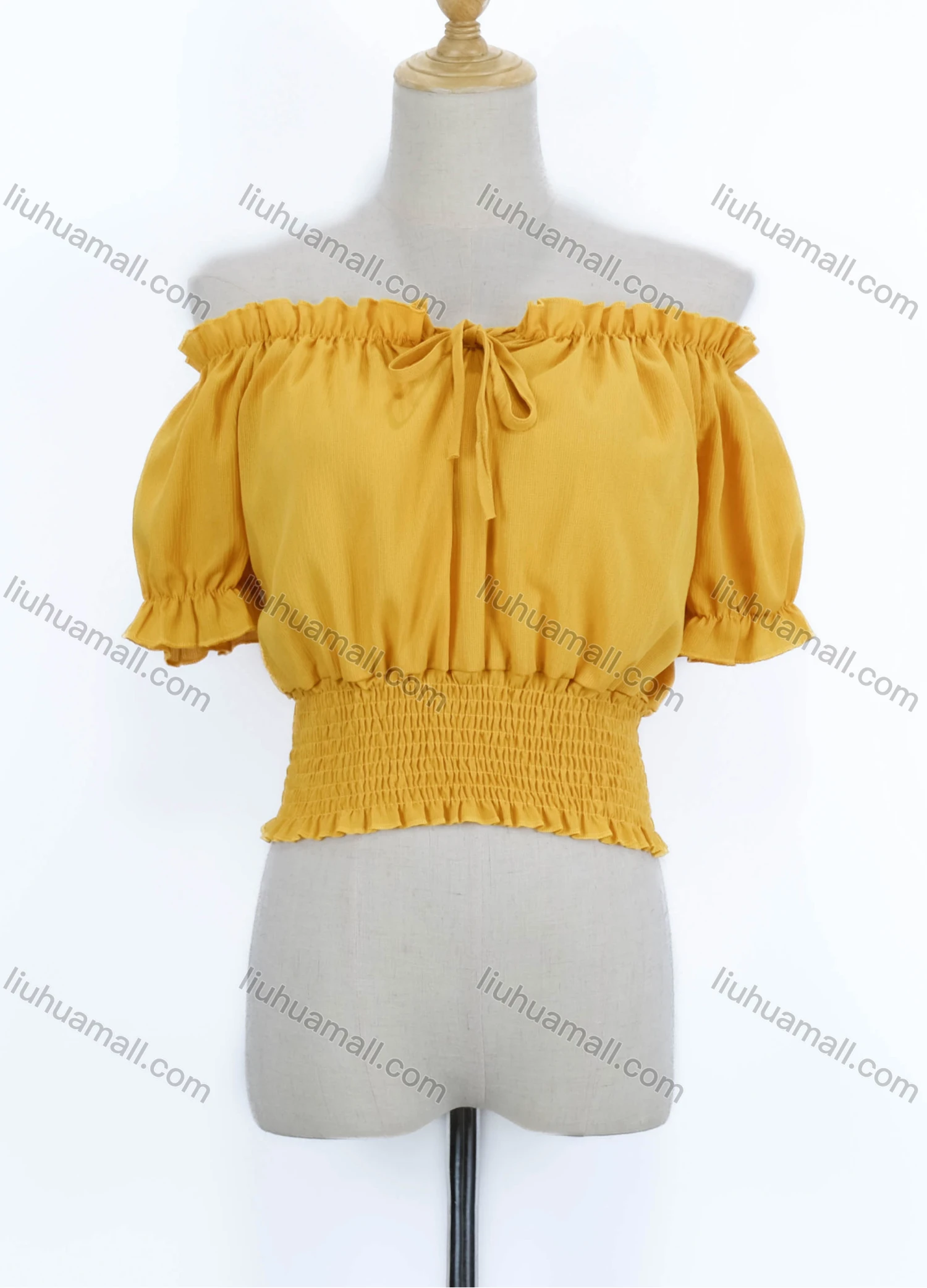 Wholesale Women's Causal Off Shoulder Short Sleeve Shirred Tie Front Ruffle Trim Plain Blouse - Liuhuamall