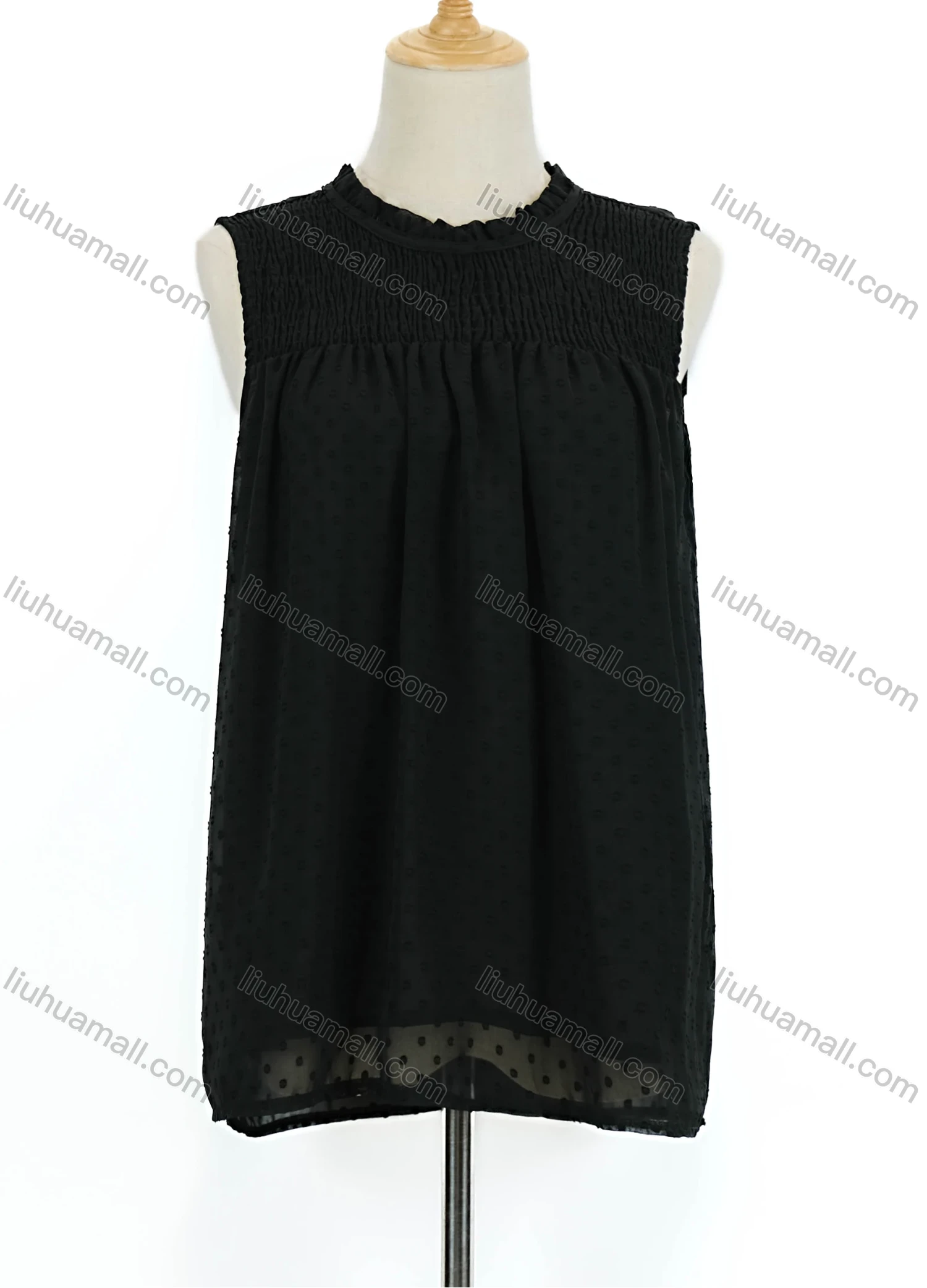 Wholesale Women's Causal Round Neck Sleeveless Swiss Dot Plain Ruffle Trim Shirred Ruched Blouse - Liuhuamall