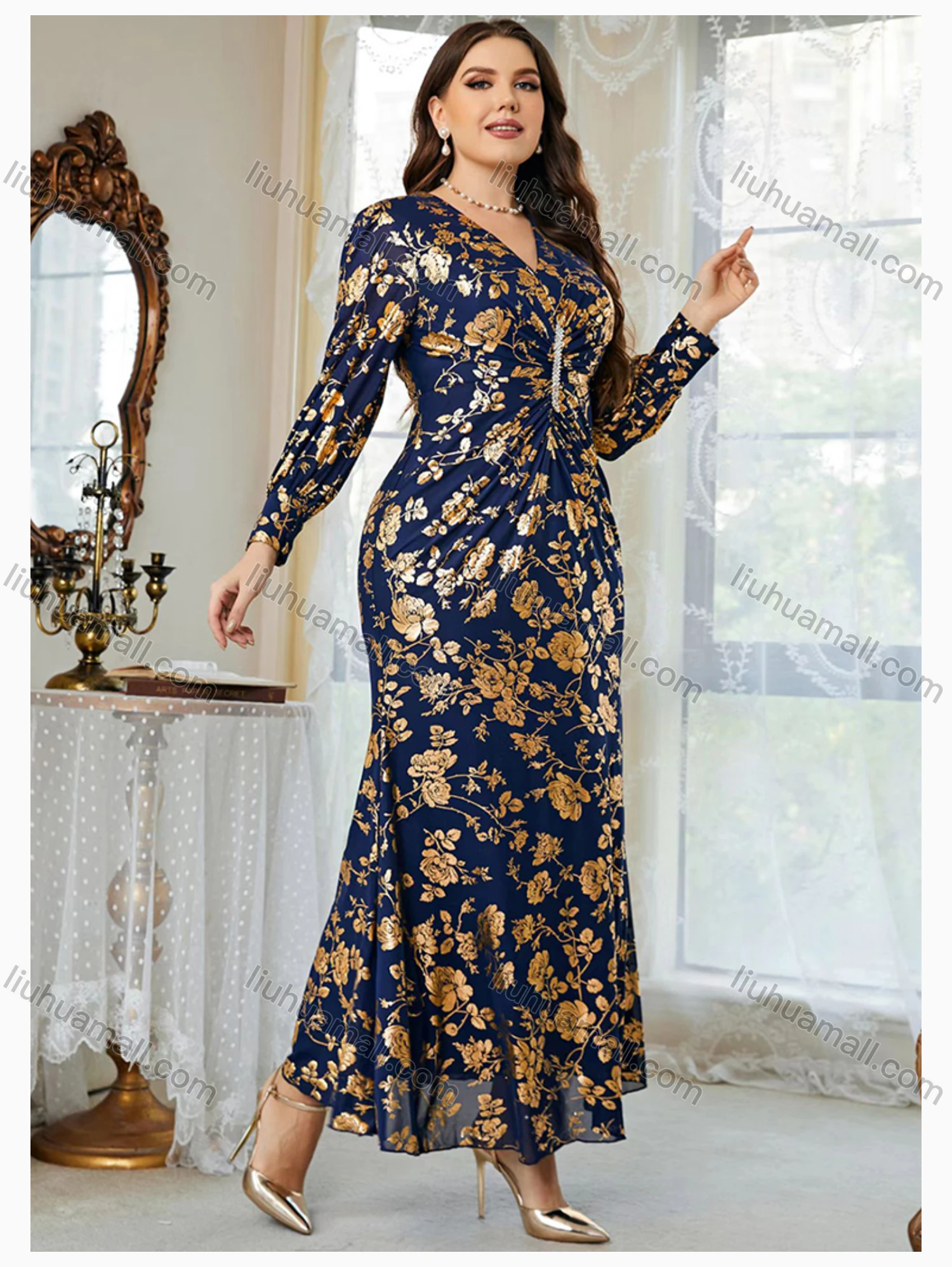 Wholesale Women's Elegant V Neck Long Sleeve Ruched Bronzed Print Evening Dress - Liuhuamall