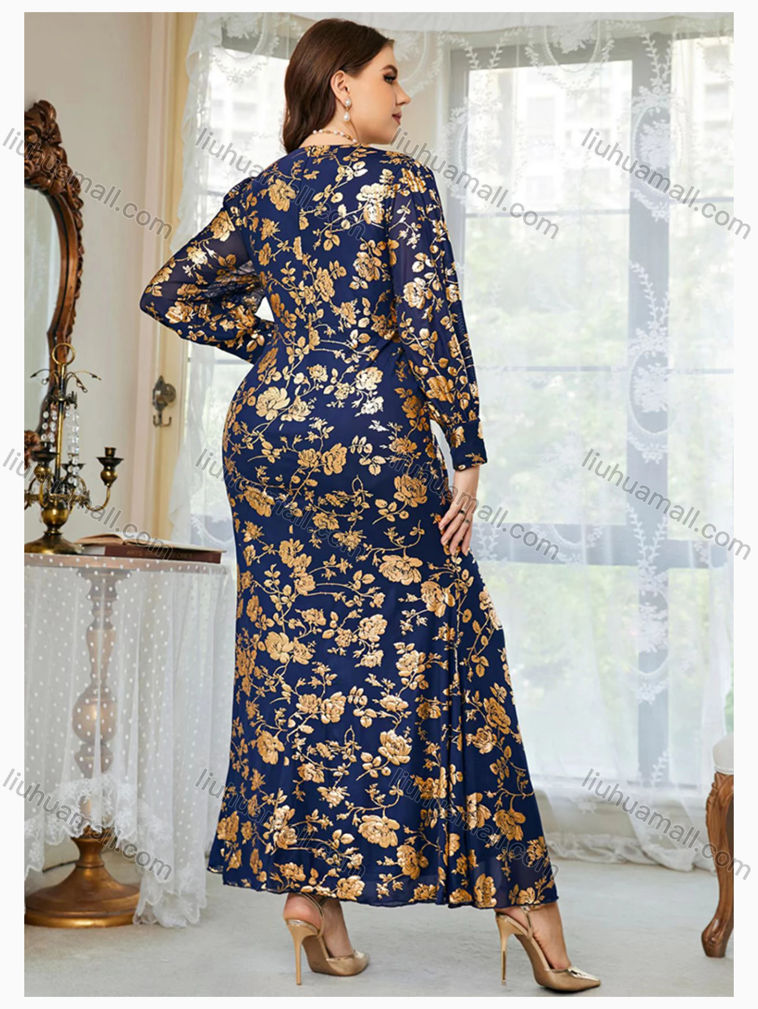 Wholesale Women's Elegant V Neck Long Sleeve Ruched Bronzed Print Evening Dress - Liuhuamall