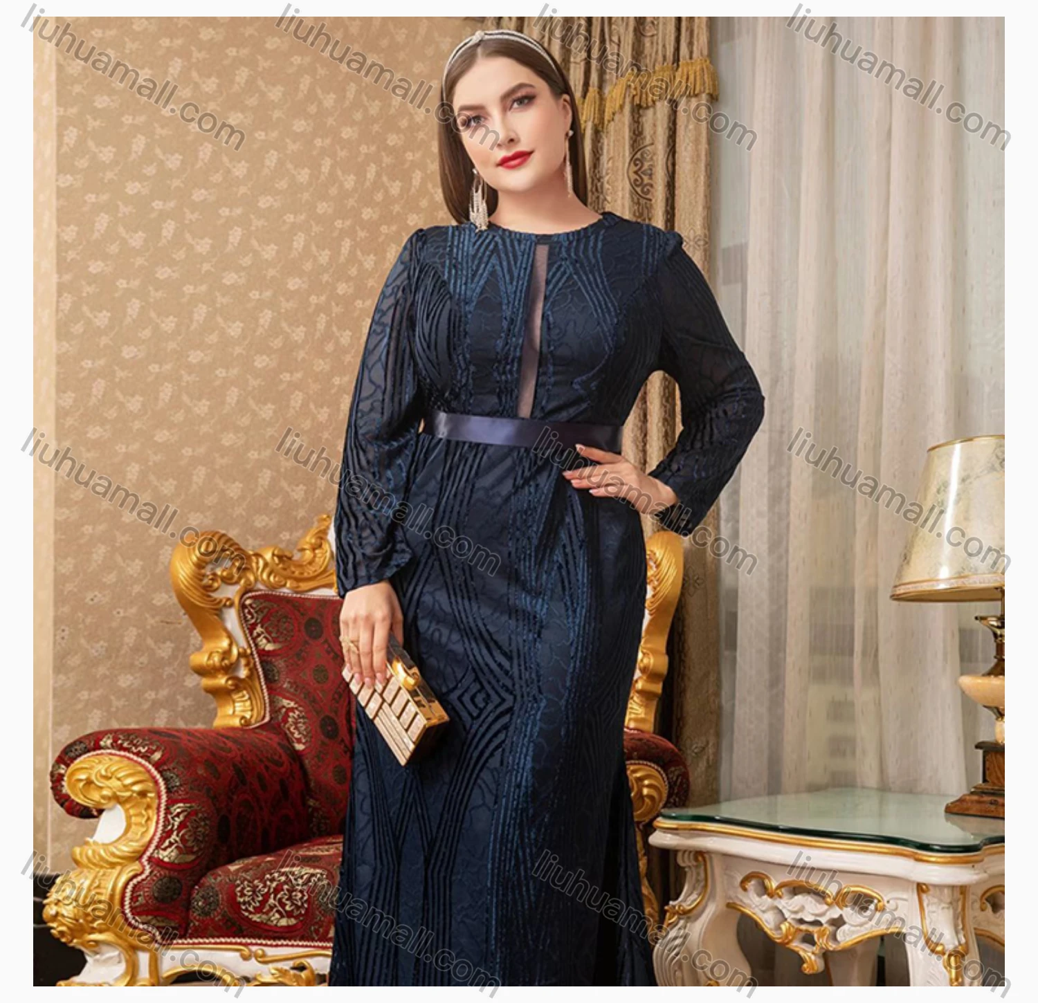 Wholesale Women's Elegant Crew Neck Long Sleeve Plain Evening Dress - Liuhuamall