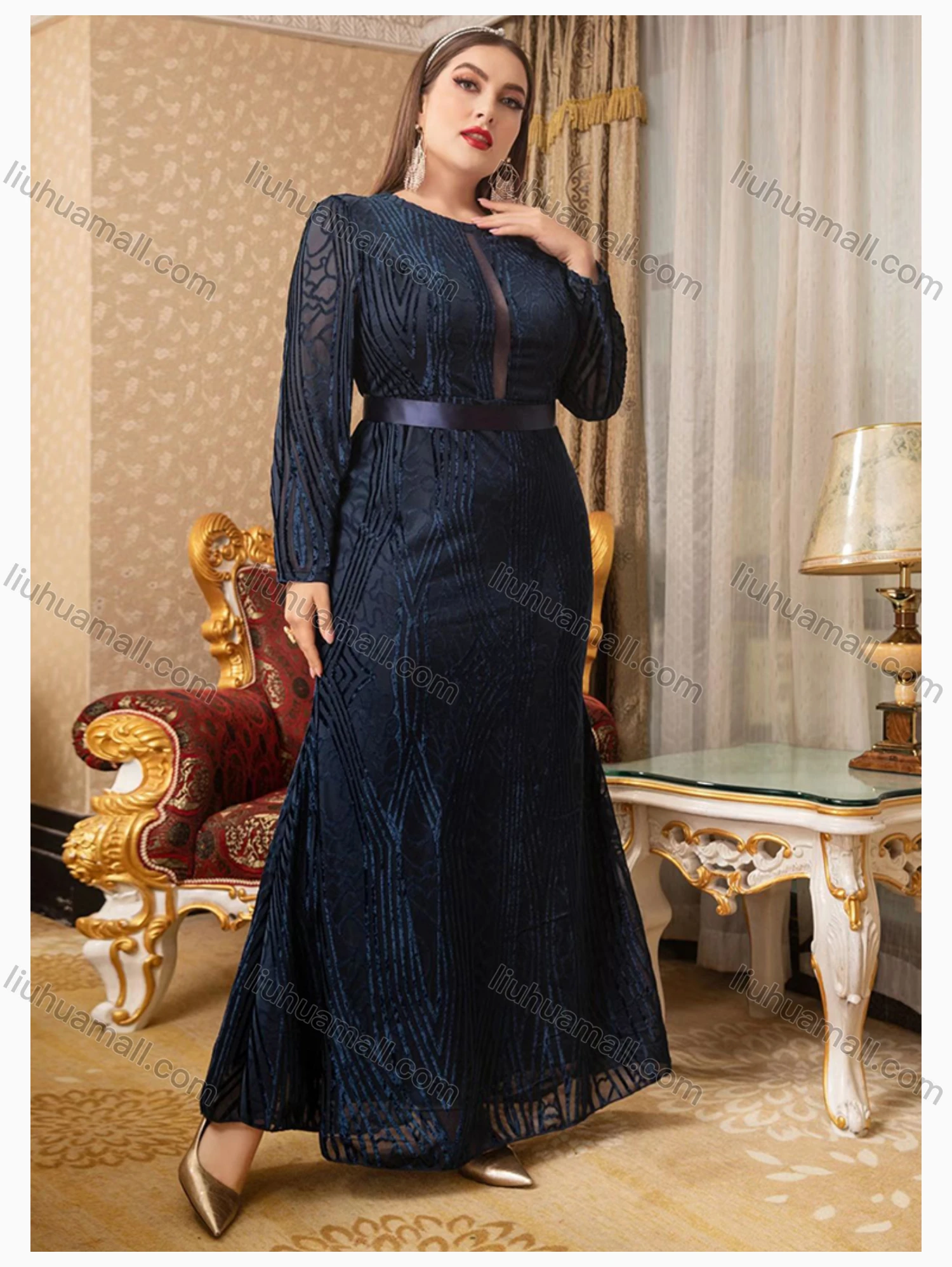 Wholesale Women's Elegant Crew Neck Long Sleeve Plain Evening Dress - Liuhuamall