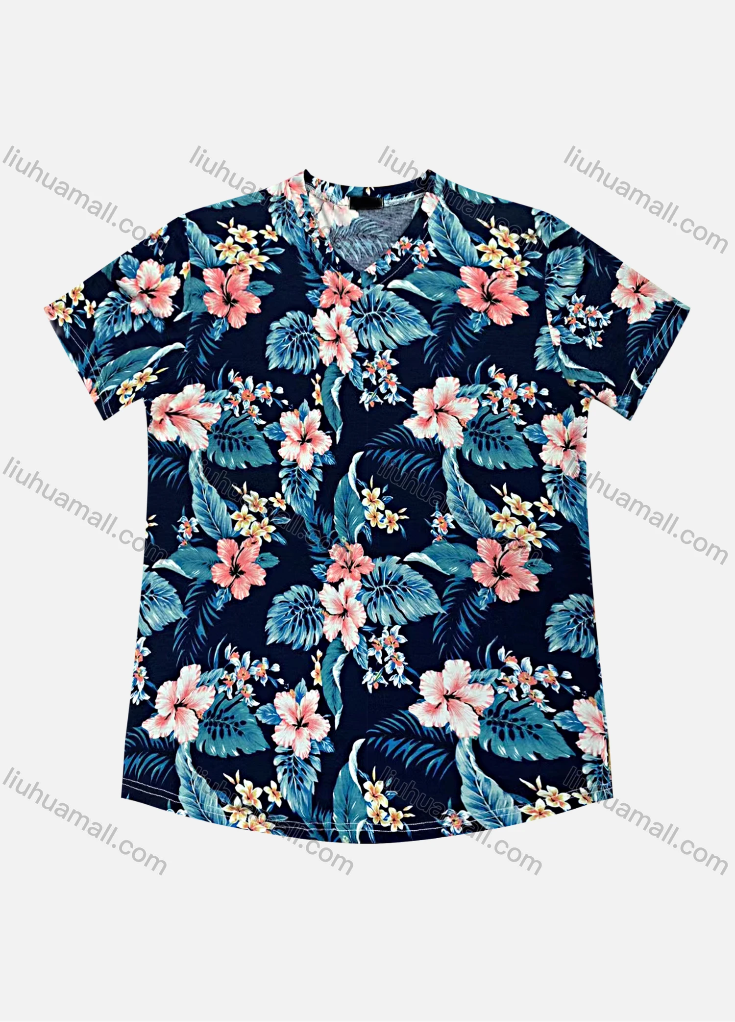 Wholesale Men's Casual V Neck Short Sleeve Floral Print T-Shirt - Liuhuamall