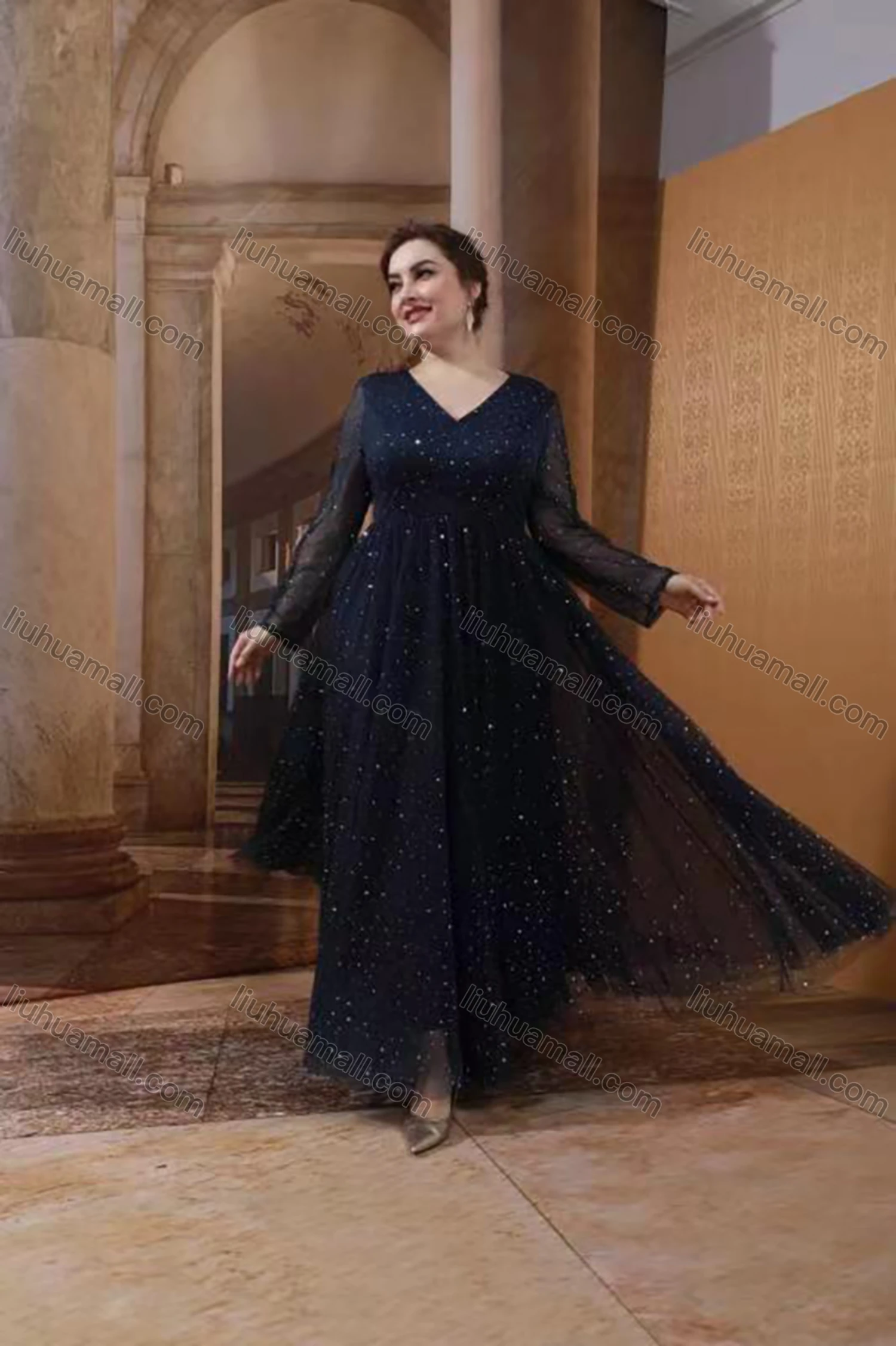 Wholesale Women's Elegant V Neck Long Sleeve Sequin Lace Plain Dress - Liuhuamall