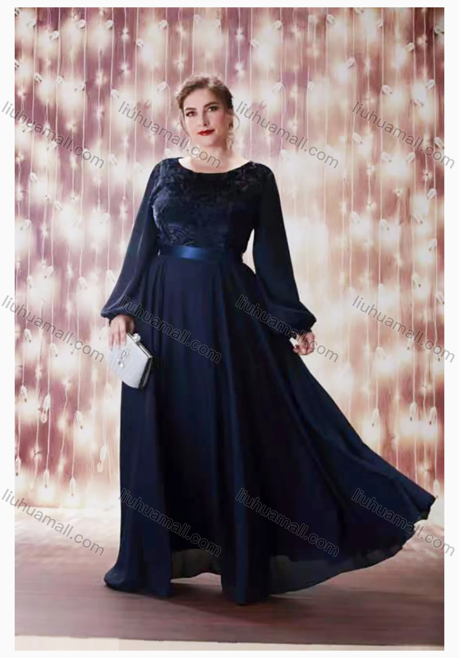 Wholesale Women's Elegant Crew Neck Long Sleeve Embroidered Plain Evening Dress - Liuhuamall