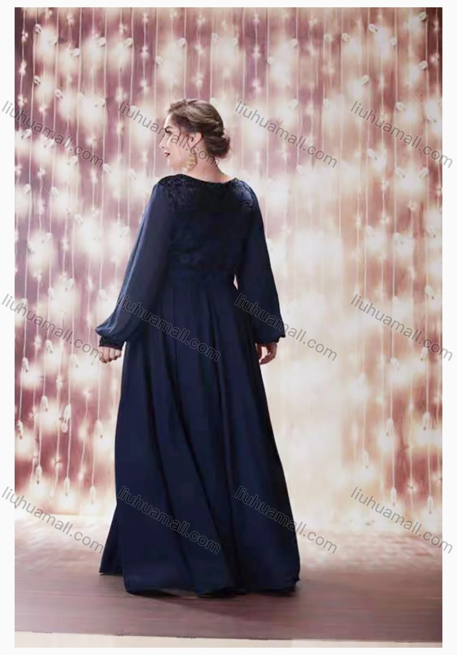 Wholesale Women's Elegant Crew Neck Long Sleeve Embroidered Plain Evening Dress - Liuhuamall
