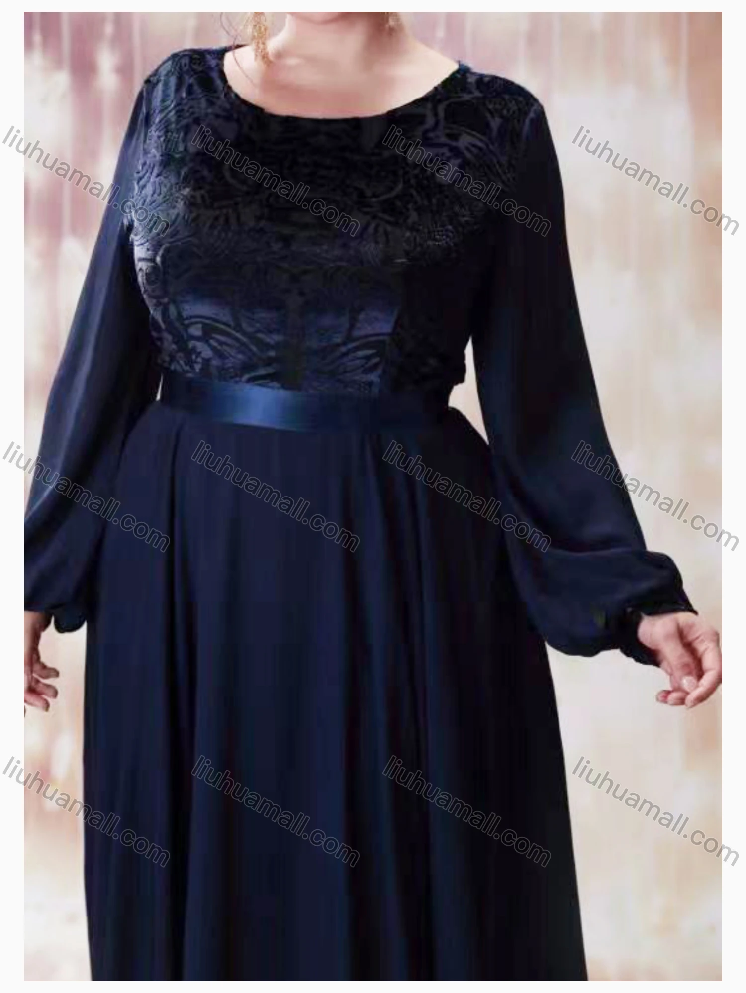 Wholesale Women's Elegant Crew Neck Long Sleeve Embroidered Plain Evening Dress - Liuhuamall