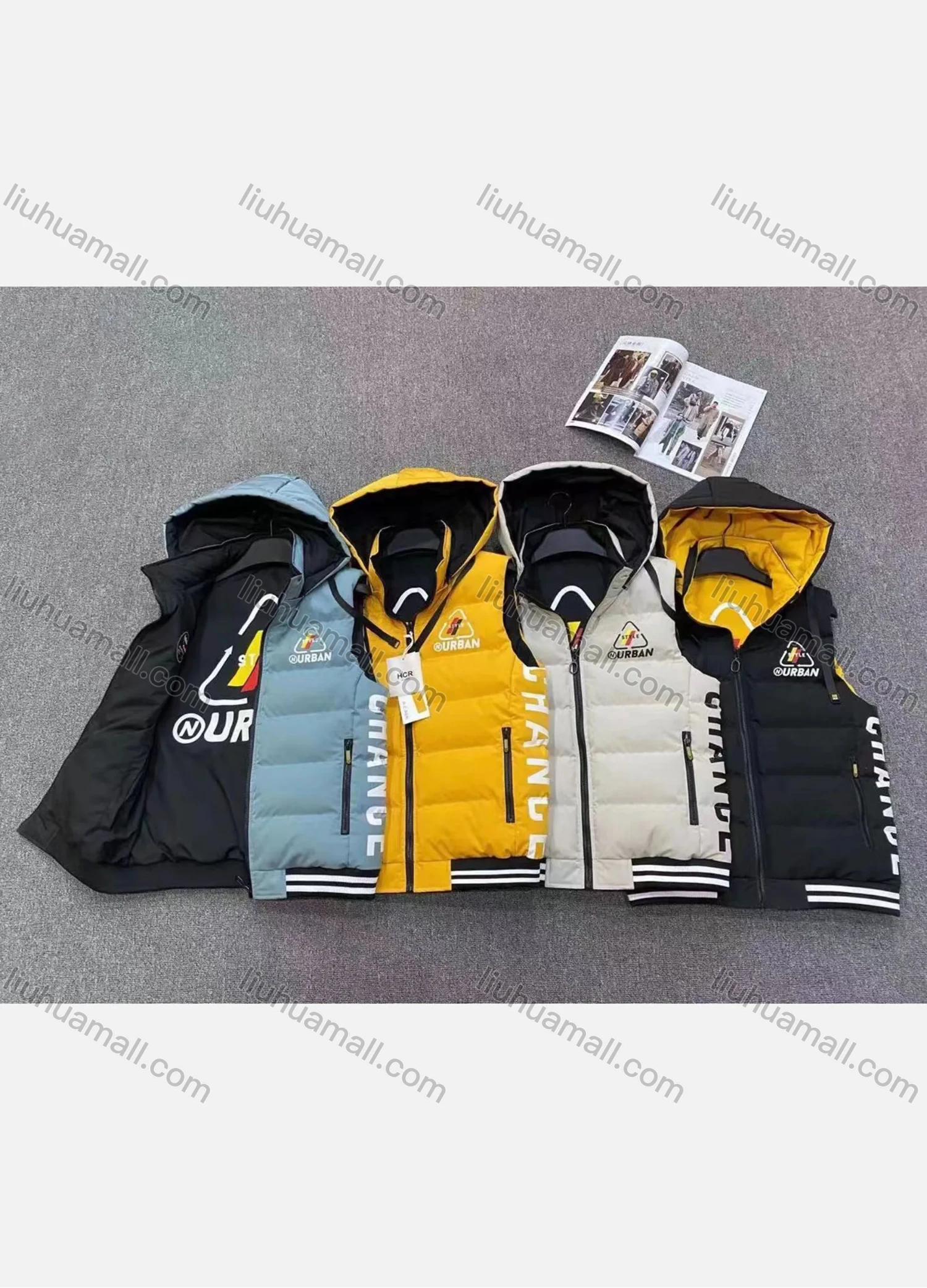 Wholesale Men's Casual Letter Print Hooded Zipper Down Vest Jacket 46# - Liuhuamall