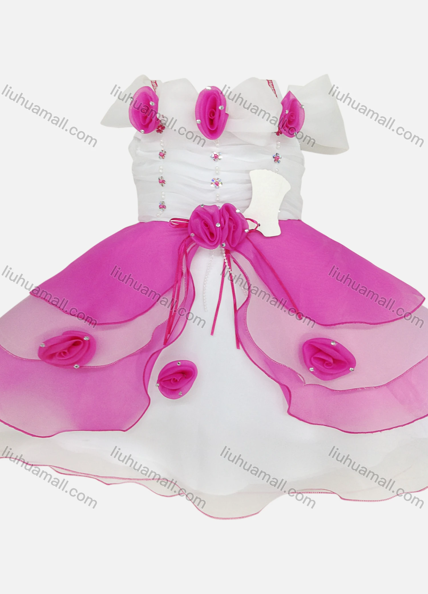 Wholesale Girls Lovely Short Sleeve 3D Flower Stiching Color Tiered Flower Dress - Liuhuamall