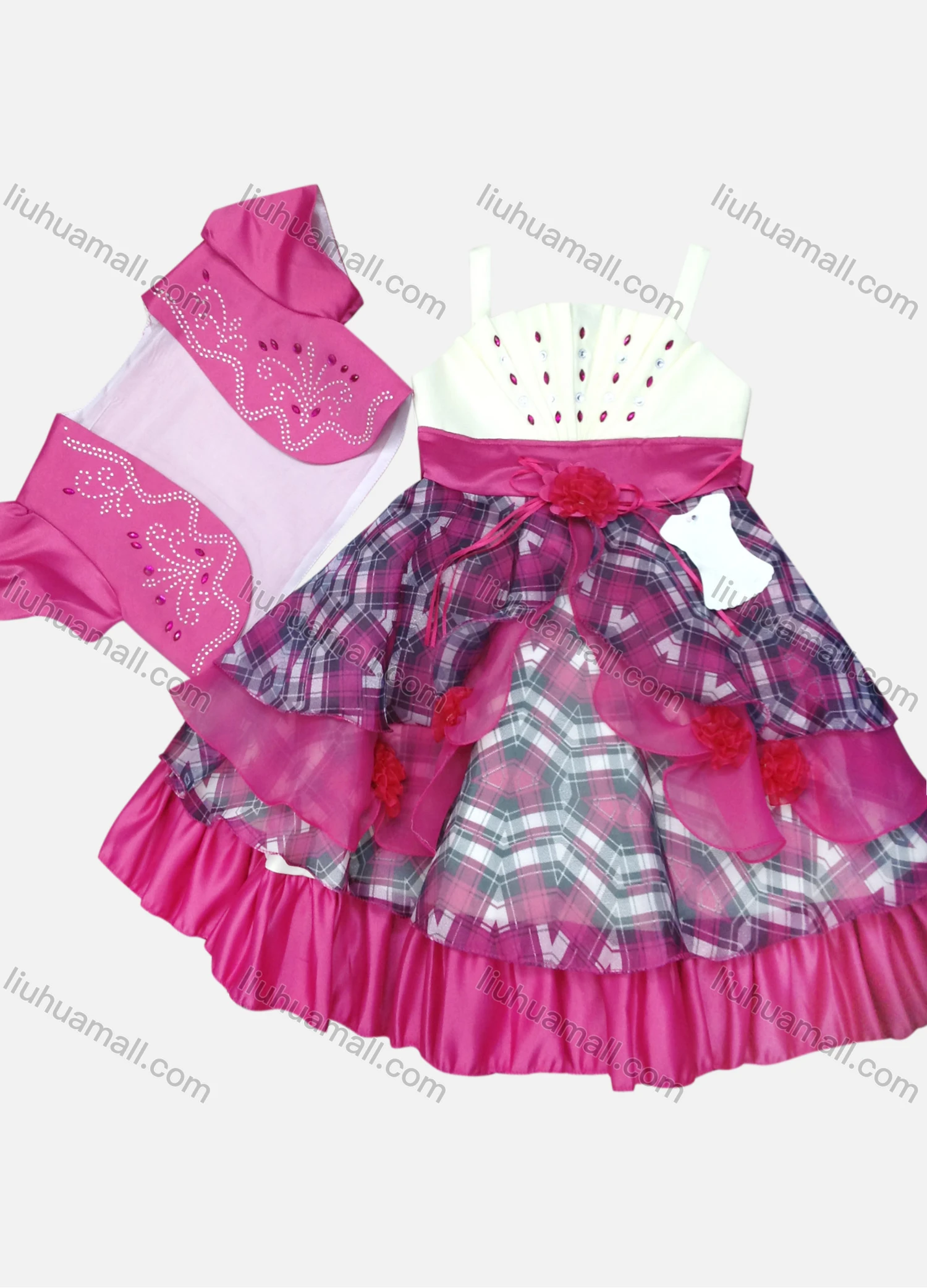 Wholesale Girls Lovely Sleeveless Rhinestone Tiered Flower Dress & Crop Cardigan Set - Liuhuamall