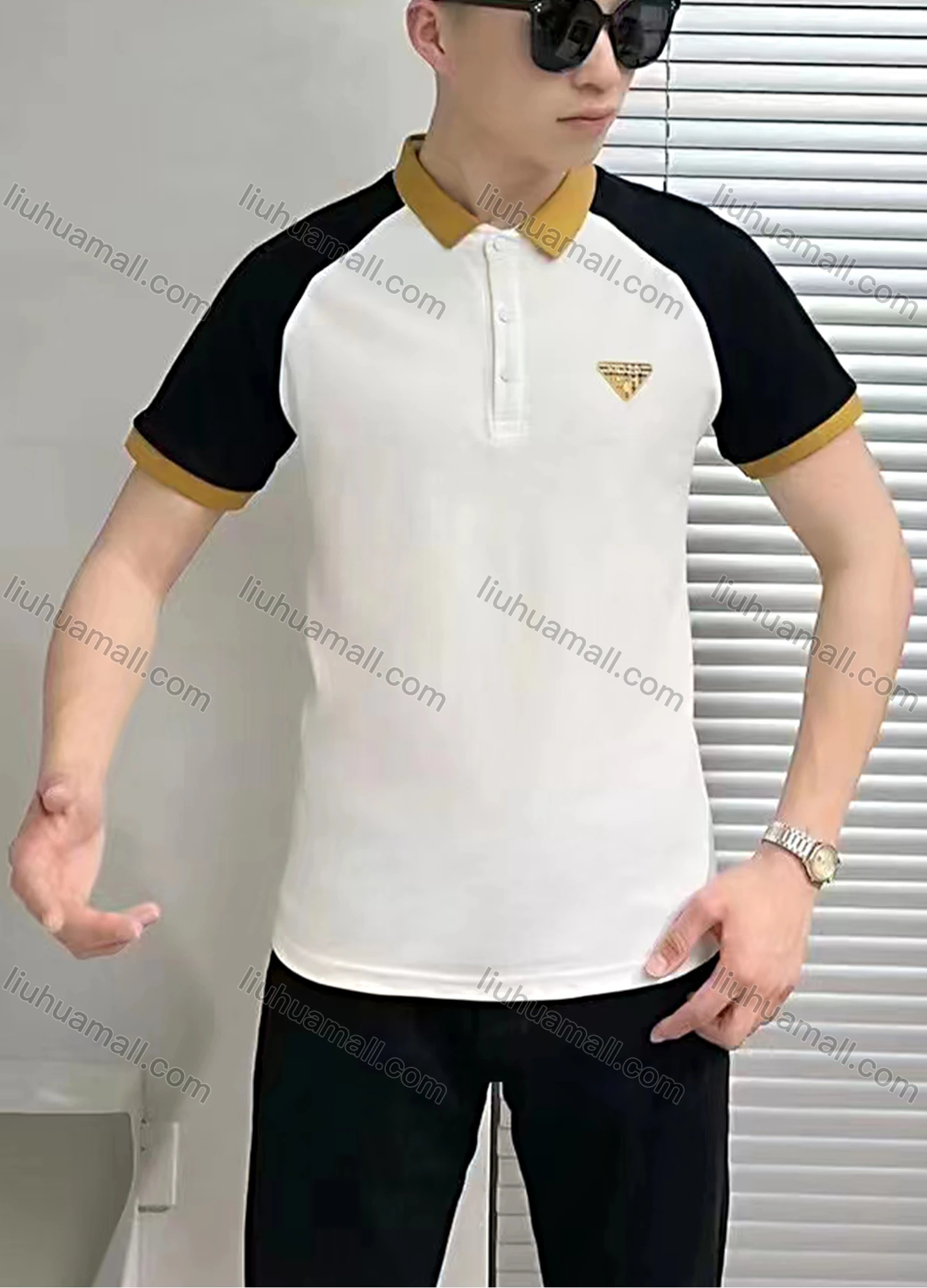 Wholesale Men's Raglan Sleeve Embroidered Colorblock Polo Shirt - Liuhuamall