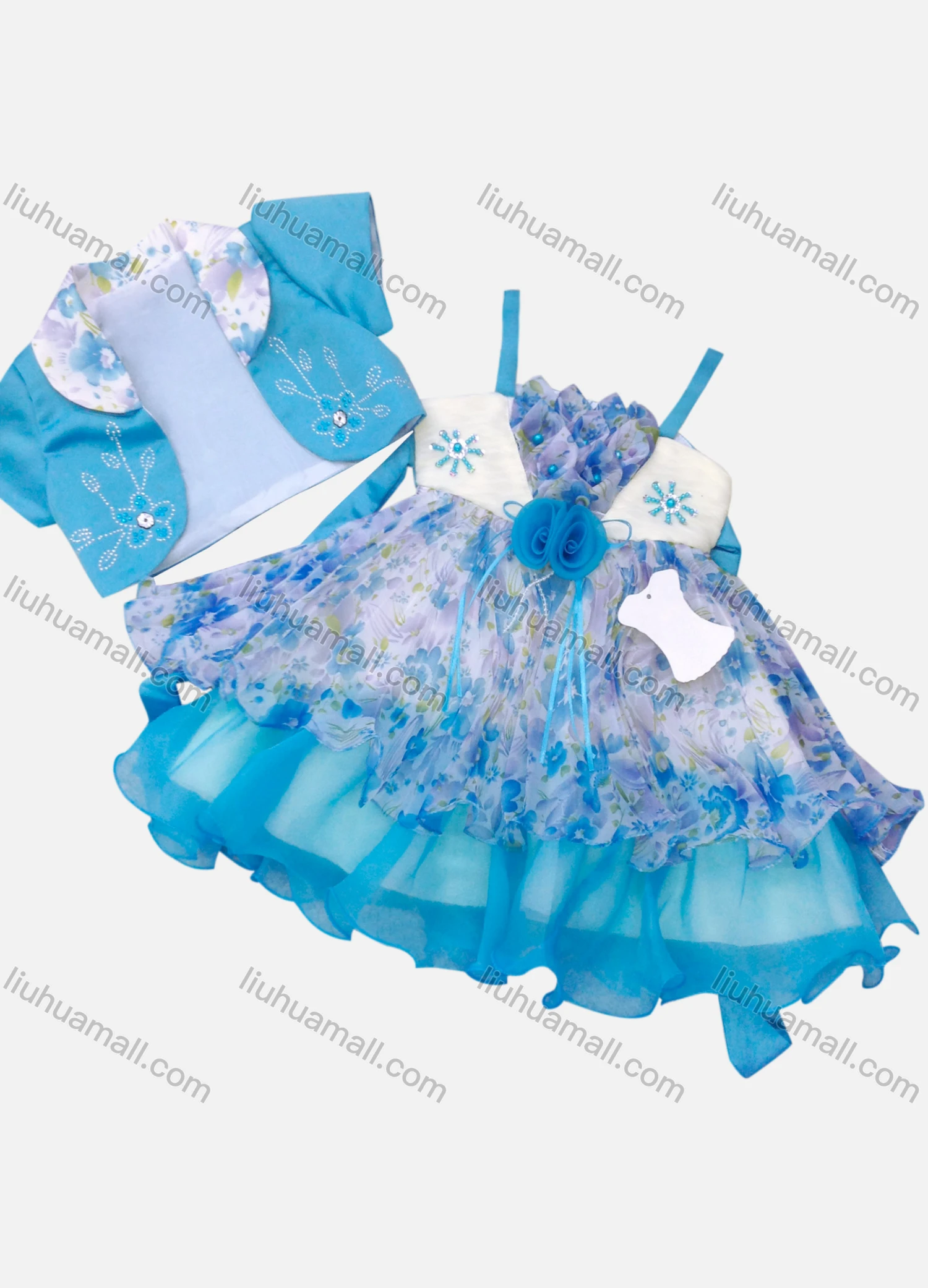 Wholesale Girls Lovely Sleeveless Floral Print Tiered Flower Dress & Rhinestone Cardigan Set - Liuhuamall