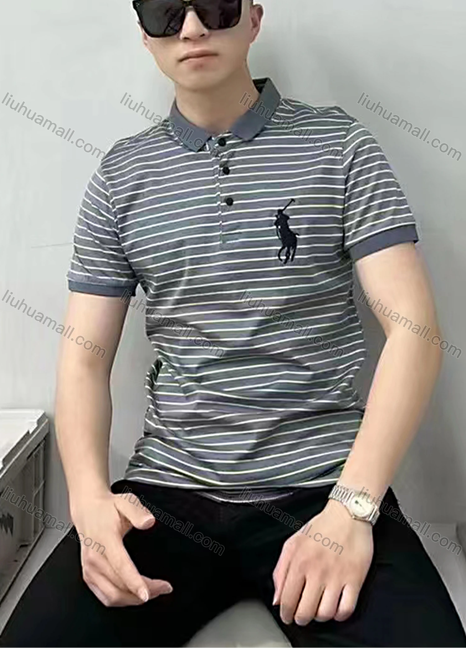 Wholesale Men's Short Sleeve Embroidered Striped Polo Shirt - Liuhuamall