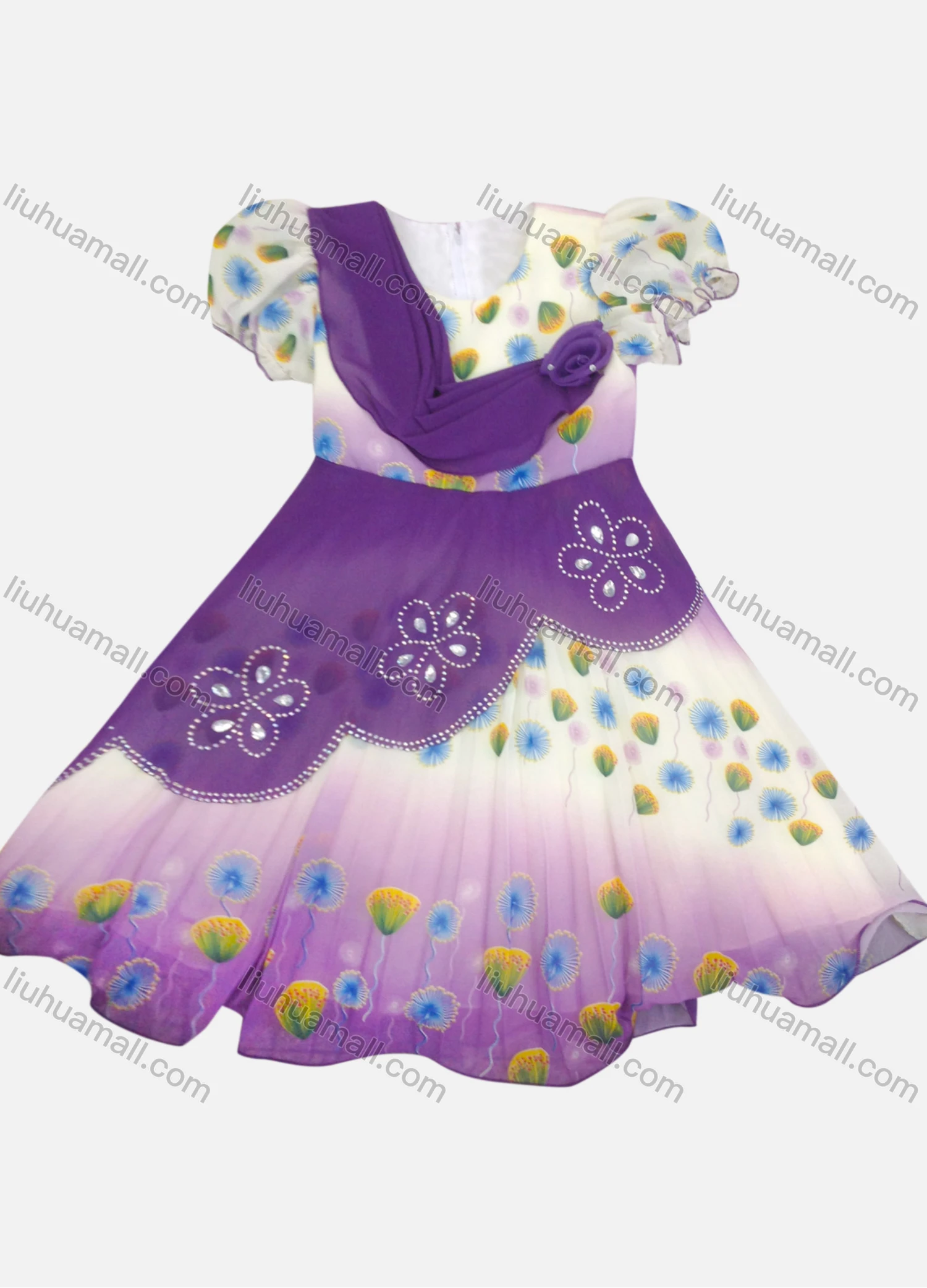 Wholesale Girls Lovely Short Sleeve Floral Print Tiered Flower Dress - Liuhuamall