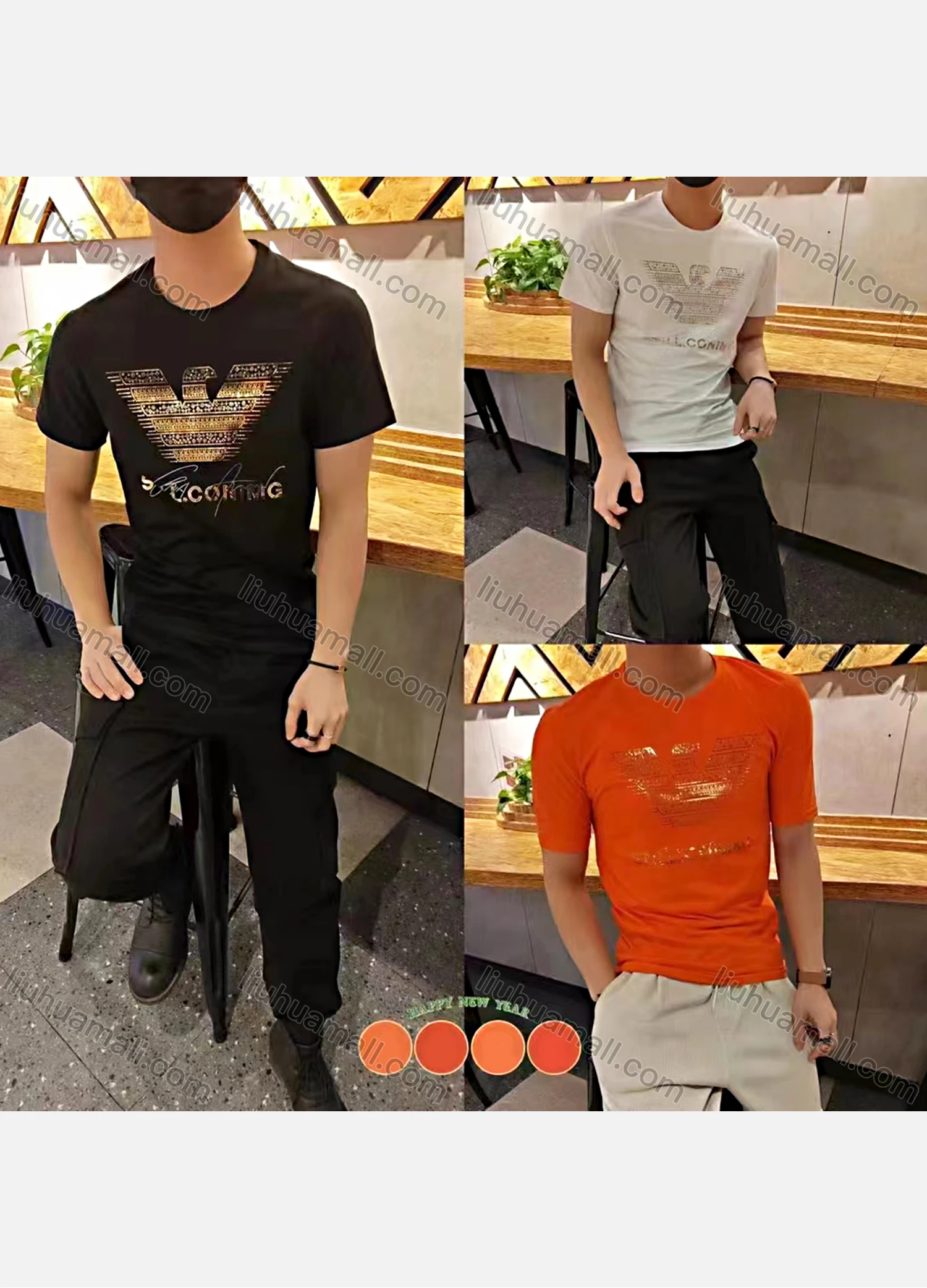 Wholesale Men's Casual Round Neck Short Sleeve Sequin Letter Print T-Shirt - Liuhuamall