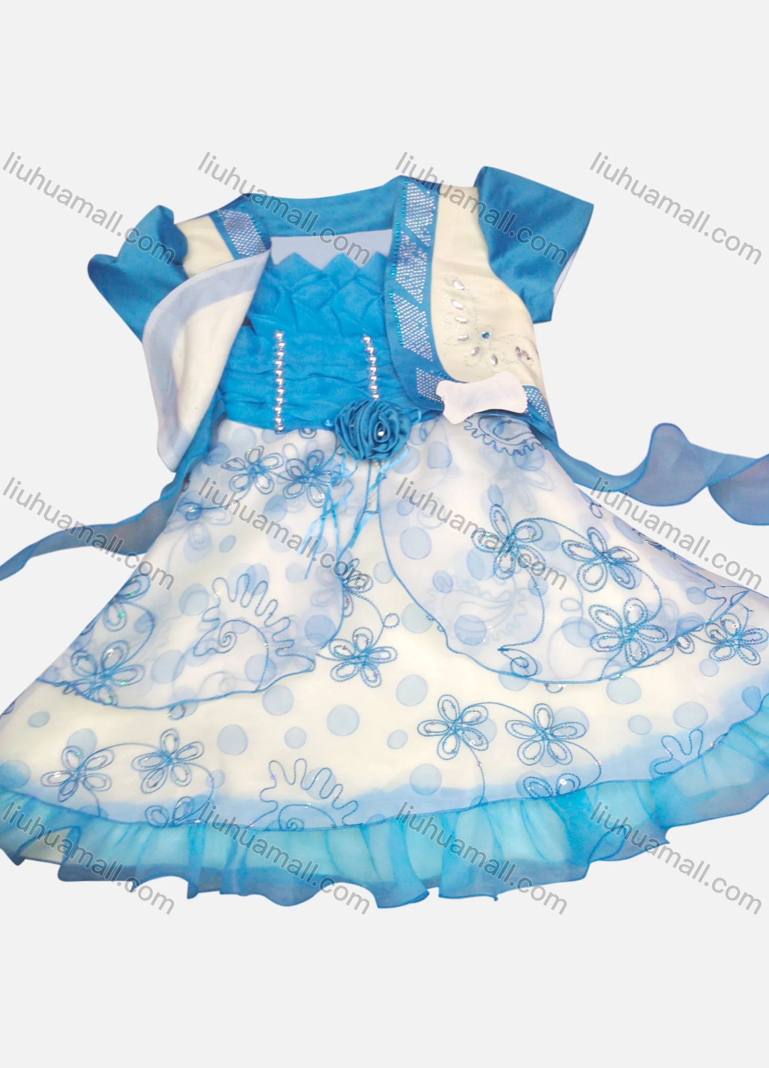 Wholesale Girls Lovely Sleeveless 3D Flower Beaded Rhinestone Tiered Flower Dress & Cardigan Set - Liuhuamall