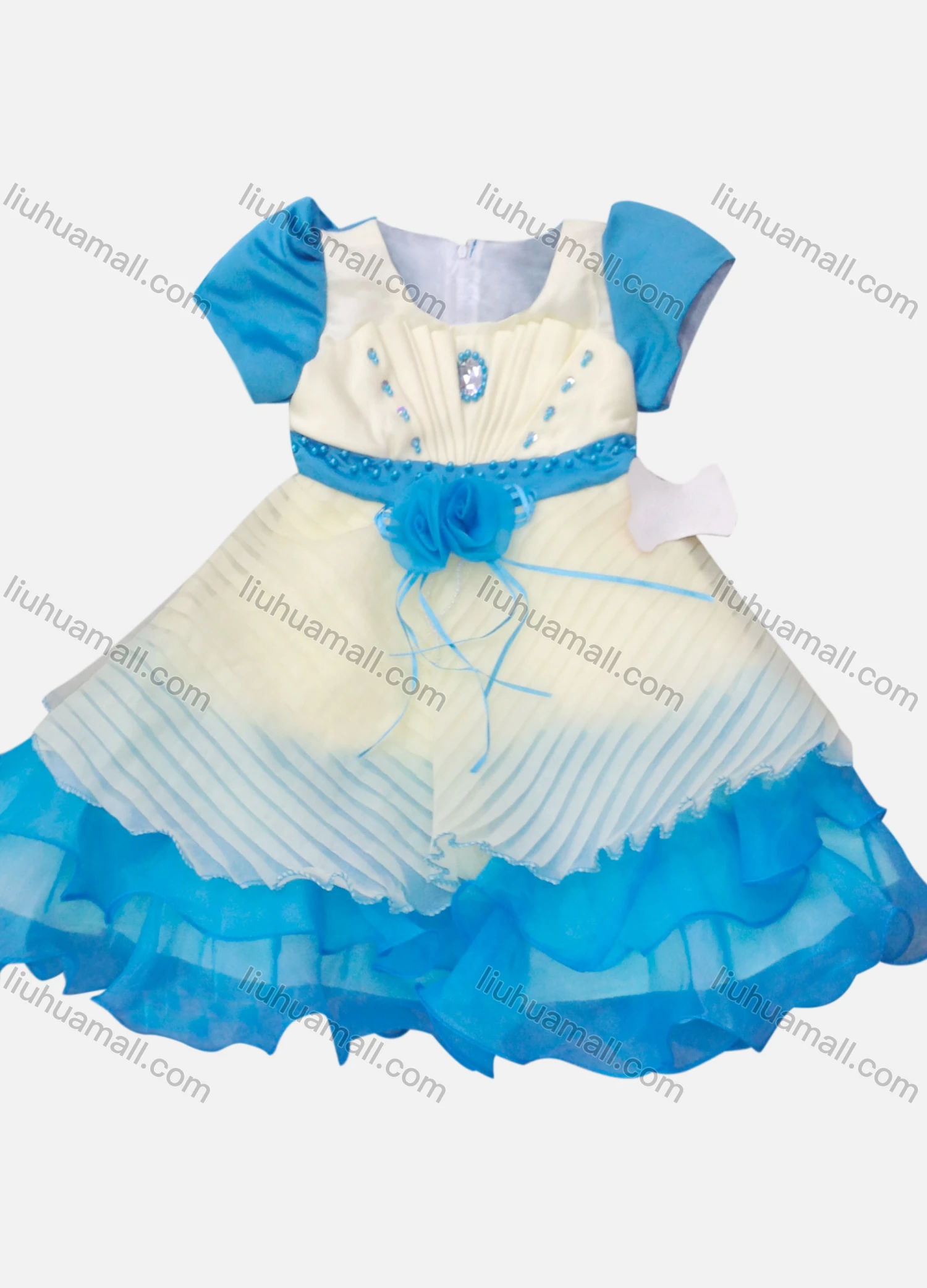 Wholesale Girls Lovely Short Sleeve 3D Flower Rhinestone Ruched Tiered Flower Dress - Liuhuamall