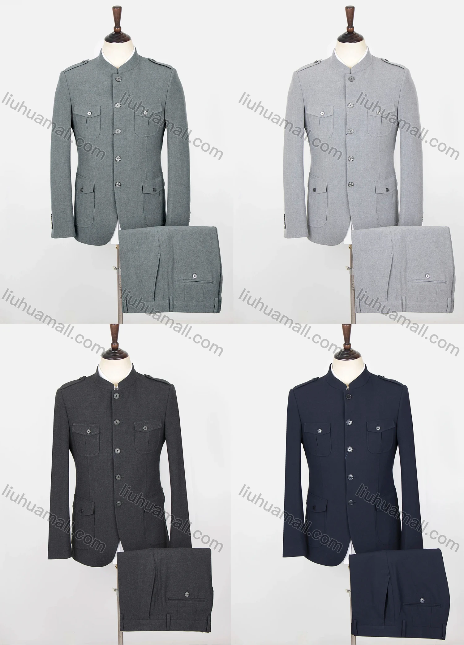 Wholesale Men's Plain Button Down Multiple Pockets Chinese Tunic Suit & Pants 2-Piece Sets BA220307# - Liuhuamall