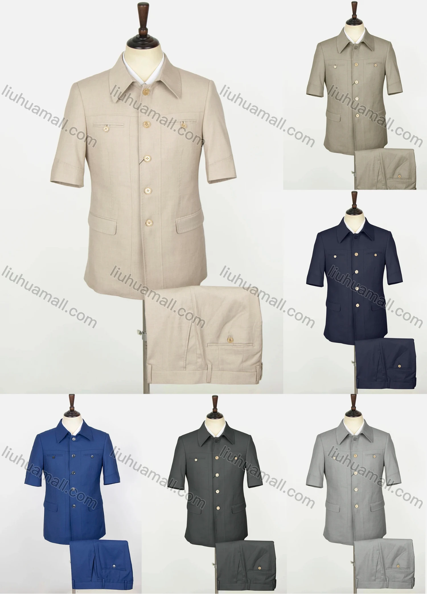 Wholesale Men's Plain Button Down Patch Pocket Short Sleeve Chinese Tunic Suit & Pants 2-Piece Set BV220301# - Liuhuamall