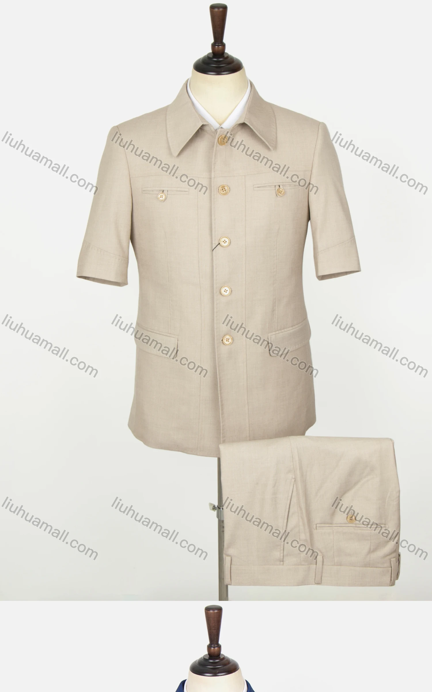 Wholesale Men's Plain Button Down Patch Pocket Short Sleeve Chinese Tunic Suit & Pants 2-Piece Set BV220301# - Liuhuamall