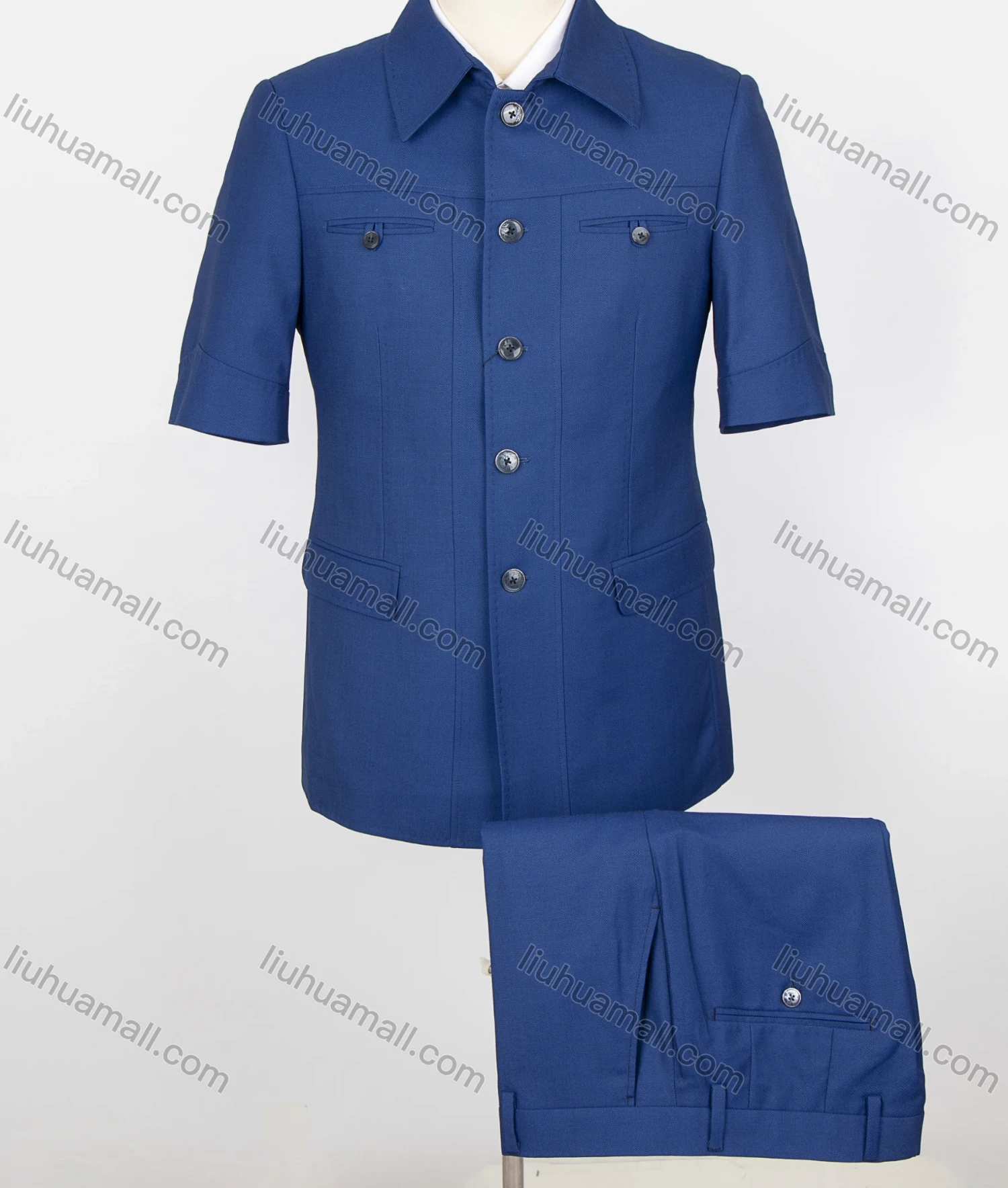Wholesale Men's Plain Button Down Patch Pocket Short Sleeve Chinese Tunic Suit & Pants 2-Piece Set BV220301# - Liuhuamall