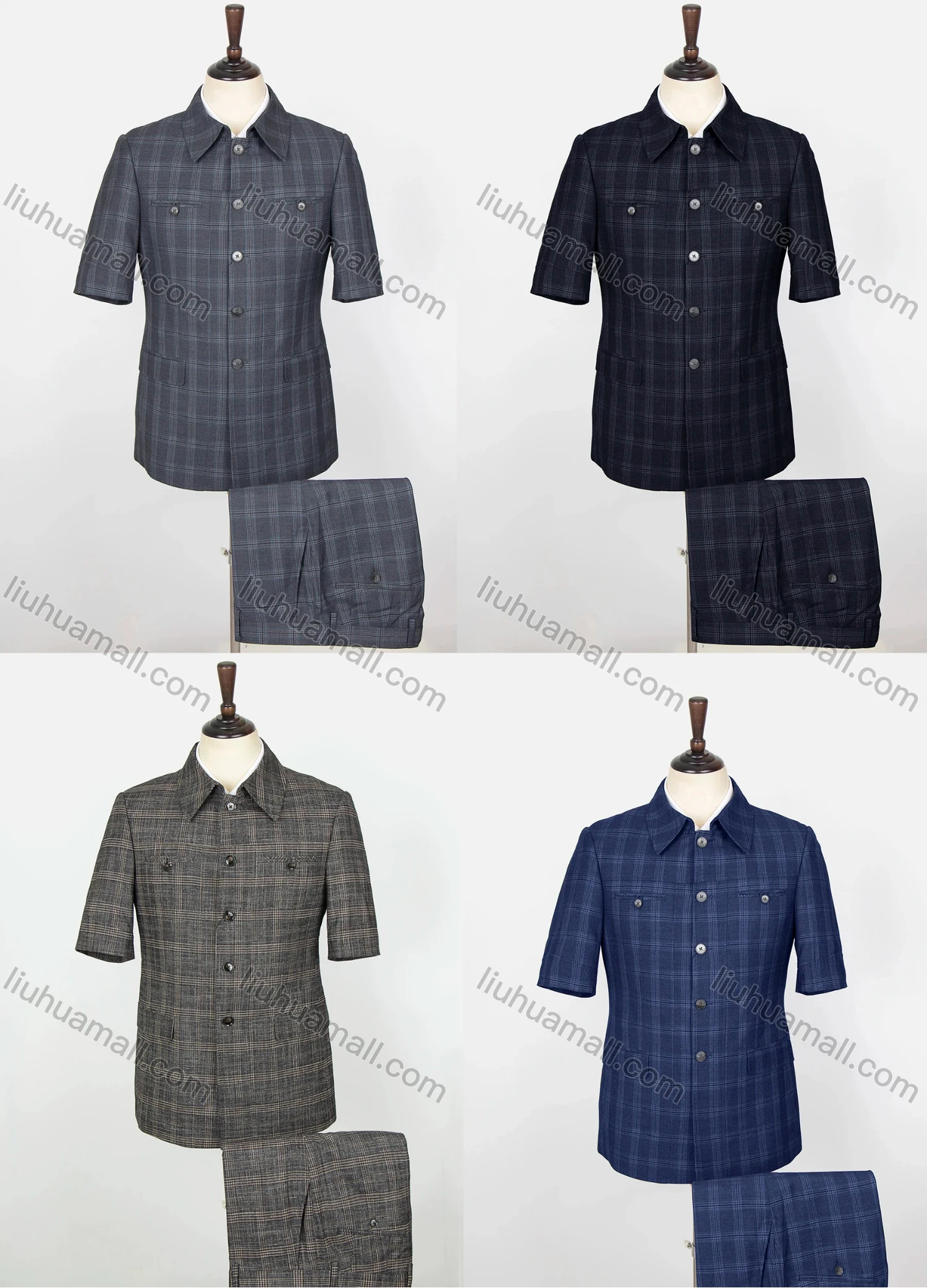 Wholesale Men's Plaid Button Down Patch Pocket Short Sleeve Shirt & Pants 2-Piece Sets BV220302# - Liuhuamall