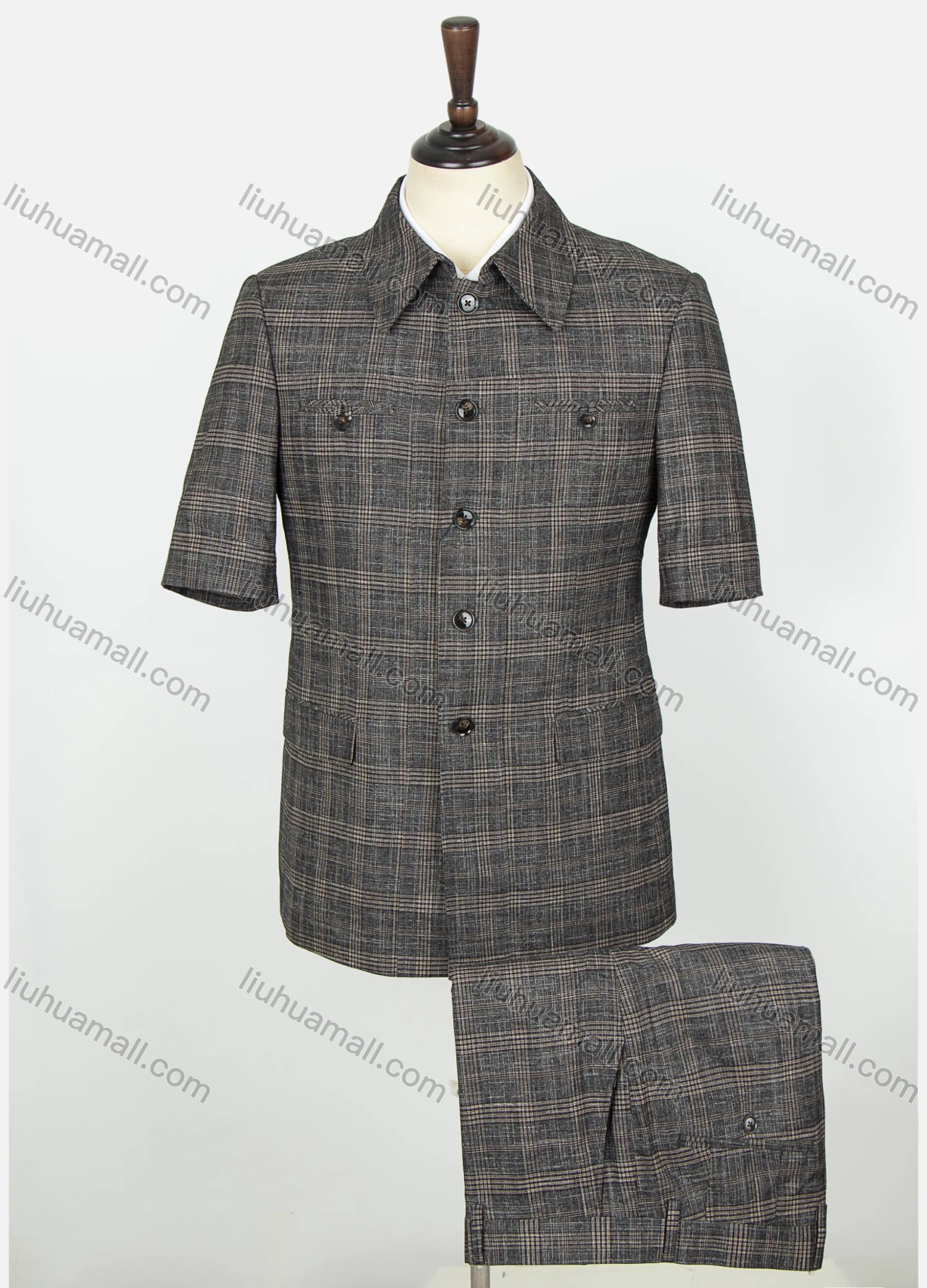 Wholesale Men's Plaid Button Down Patch Pocket Short Sleeve Shirt & Pants 2-Piece Sets BV220302# - Liuhuamall