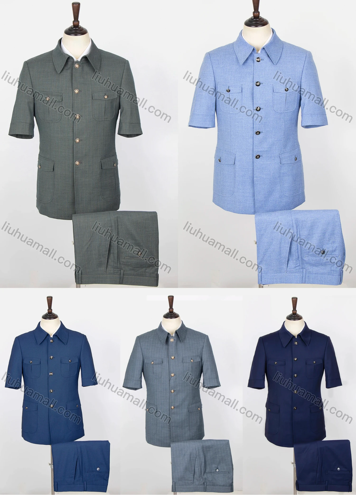 Wholesale Men's Plain Button Down Multiple Pockets Short Sleeve Chines Tunic Suit & Pants 2-Piece Sets BV220303# - Liuhuamall
