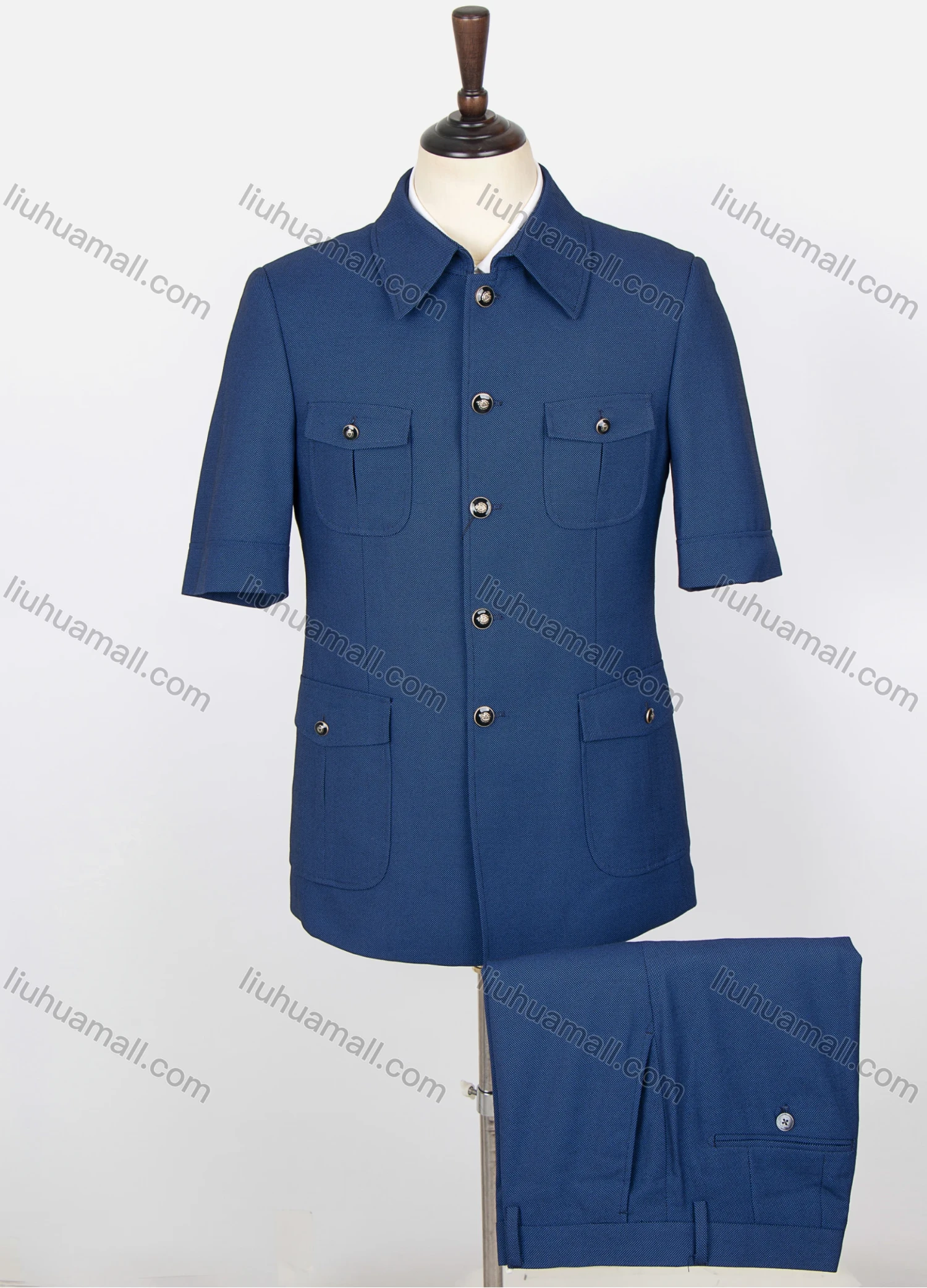 Wholesale Men's Plain Button Down Multiple Pockets Short Sleeve Chines Tunic Suit & Pants 2-Piece Sets BV220303# - Liuhuamall