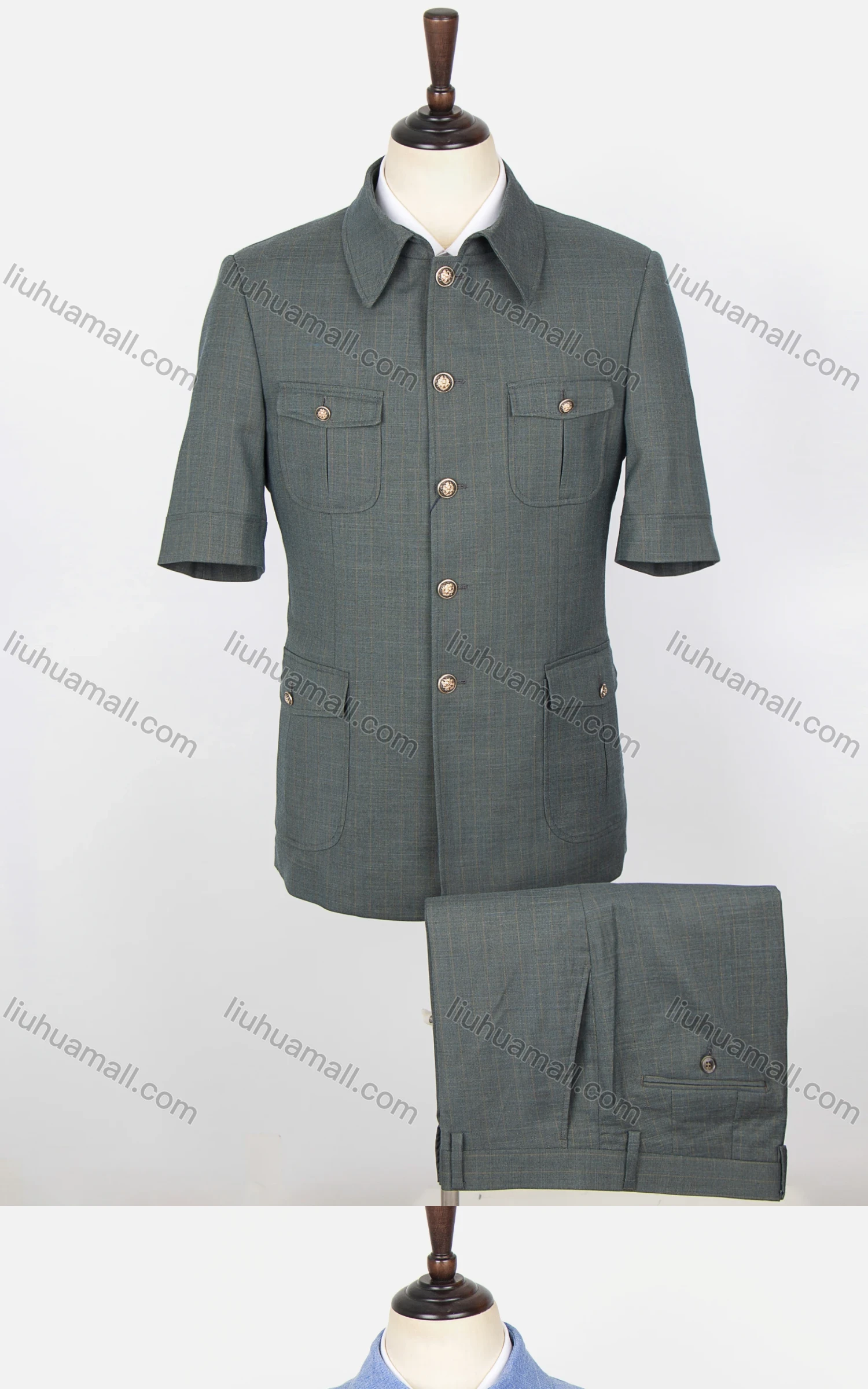 Wholesale Men's Plain Button Down Multiple Pockets Short Sleeve Chines Tunic Suit & Pants 2-Piece Sets BV220303# - Liuhuamall