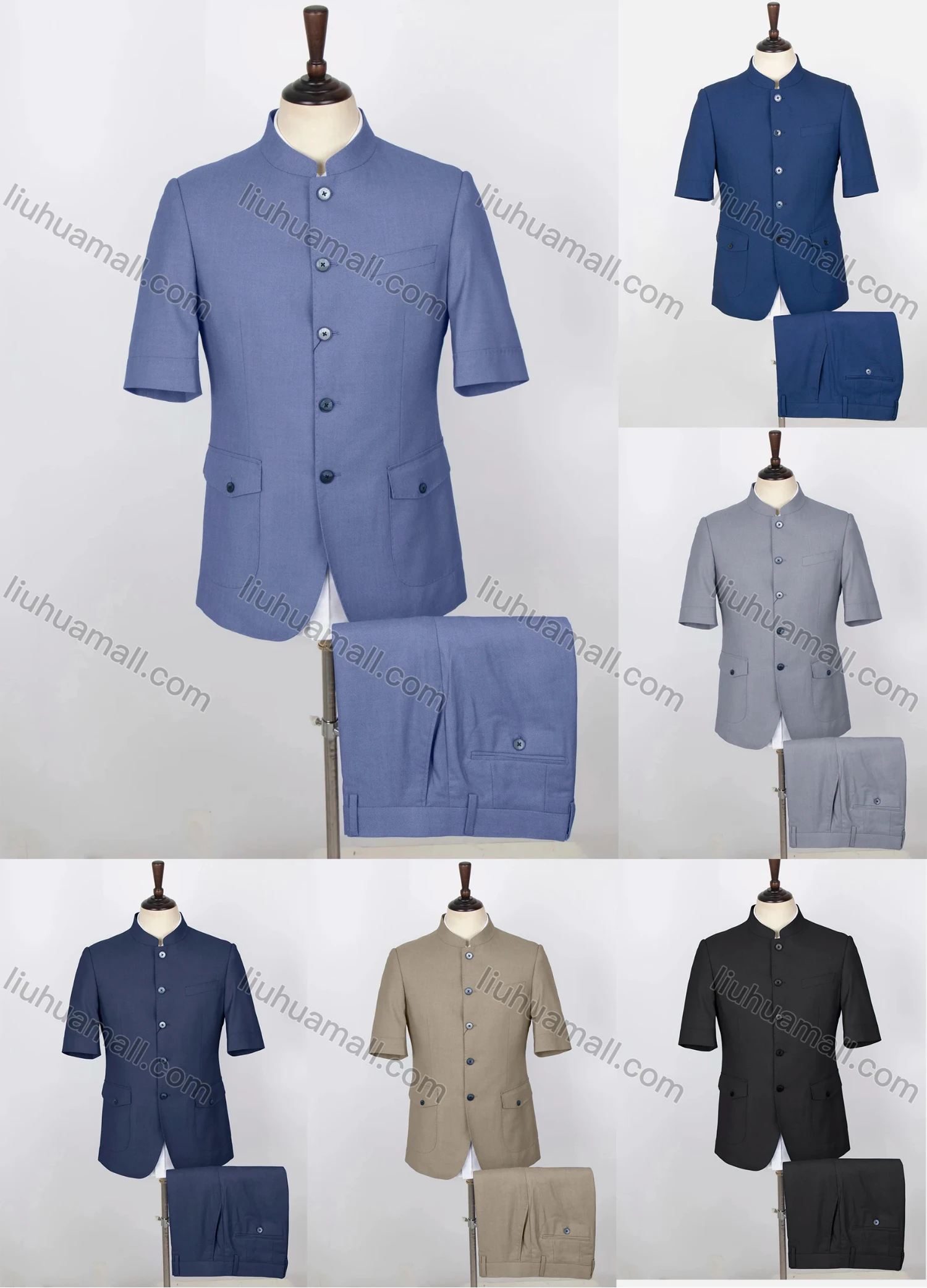Wholesale Men's Plain Button Down Stand Collar Flap Pockets Short Sleeve Chinese Tunic Suit & Pants 2-Piece Sets BV220304# - Liuhuamall