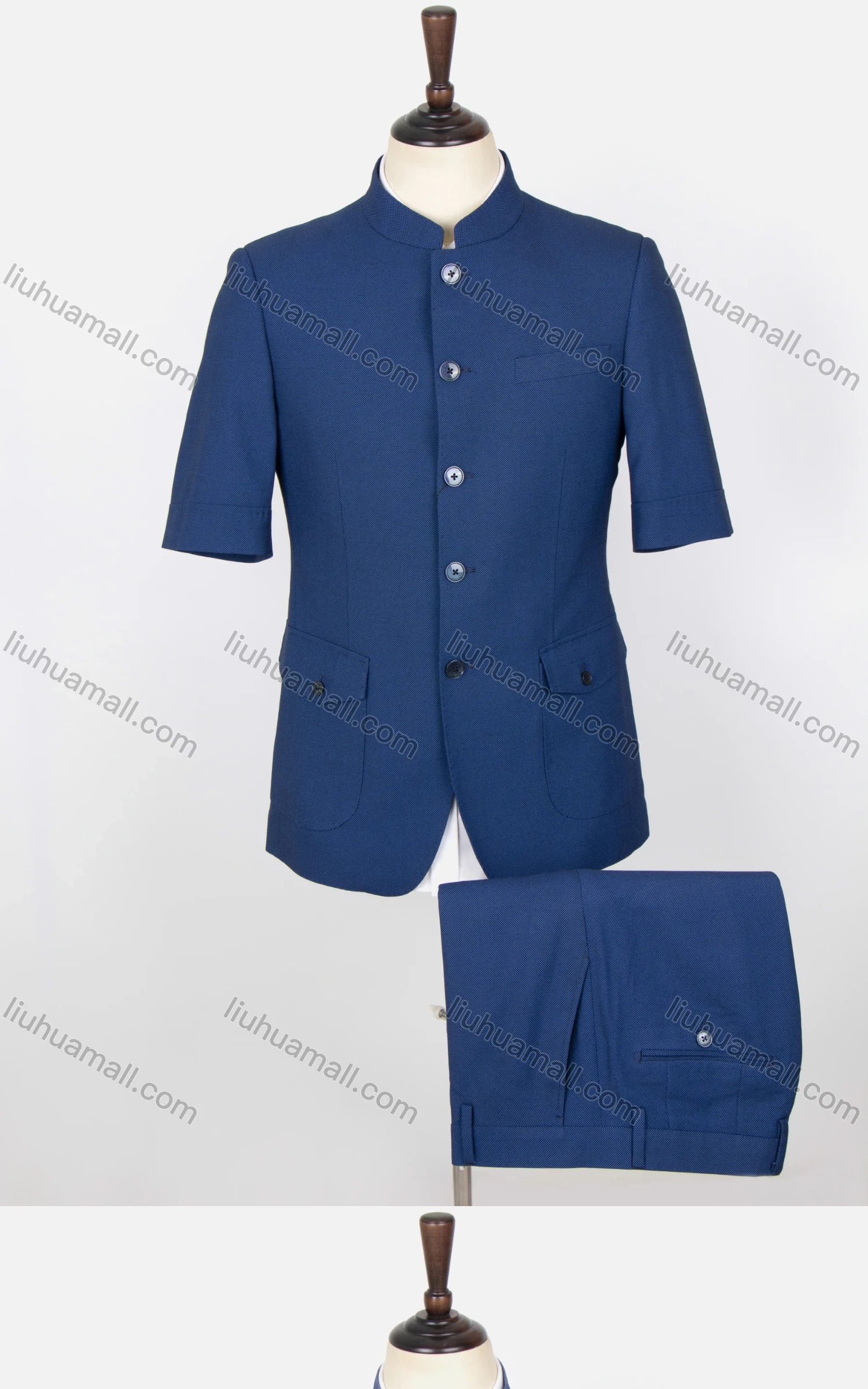 Wholesale Men's Plain Button Down Stand Collar Flap Pockets Short Sleeve Chinese Tunic Suit & Pants 2-Piece Sets BV220304# - Liuhuamall
