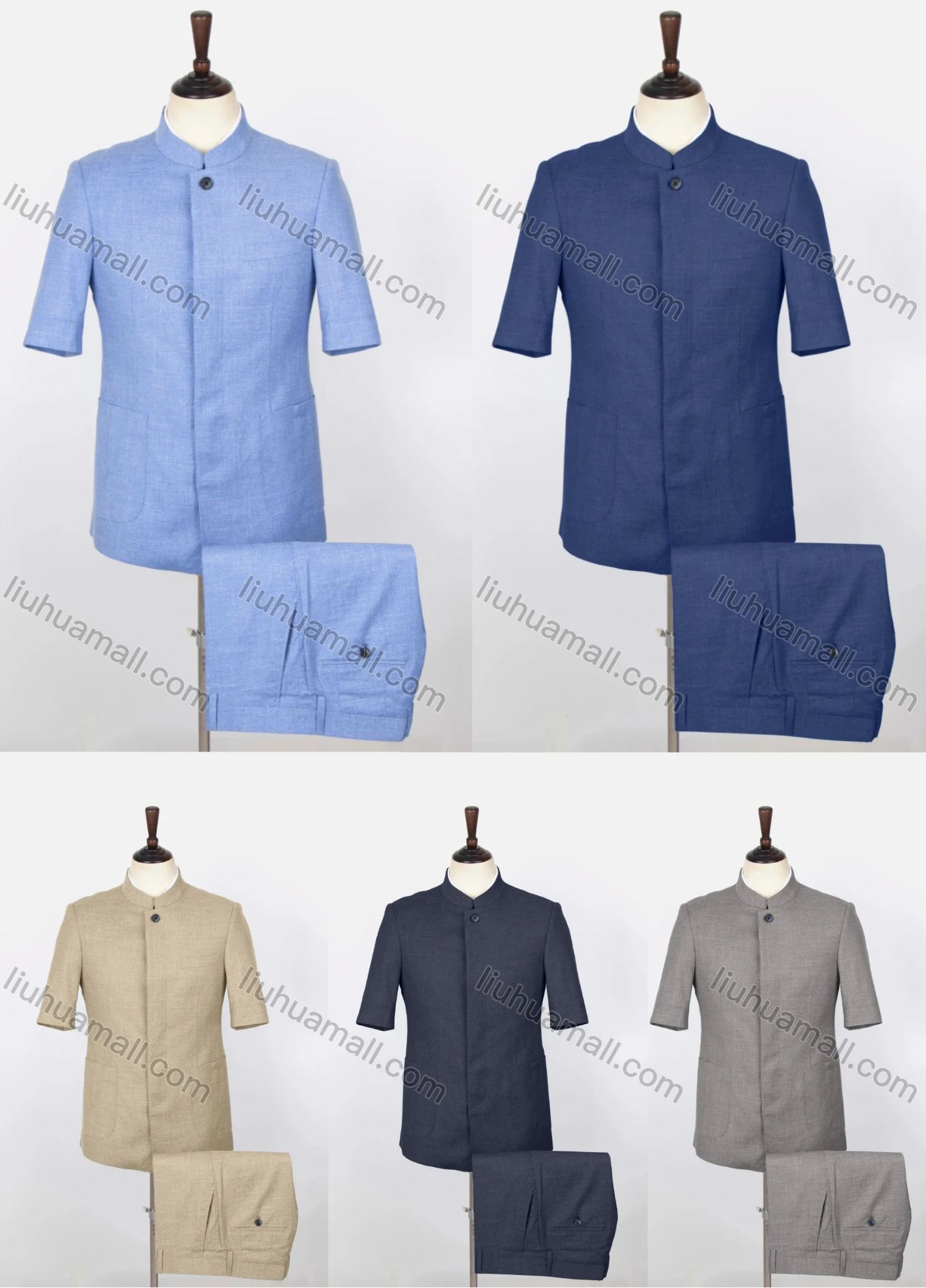 Wholesale Men's Plain Button Front Short Sleeve Patch Pocket Chinese Tunic Suit & Pants 2-Piece Sets BV220305# - Liuhuamall