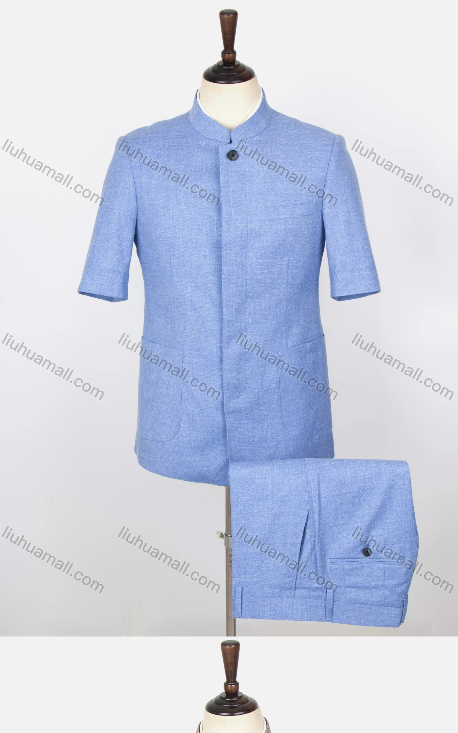 Wholesale Men's Plain Button Front Short Sleeve Patch Pocket Chinese Tunic Suit & Pants 2-Piece Sets BV220305# - Liuhuamall