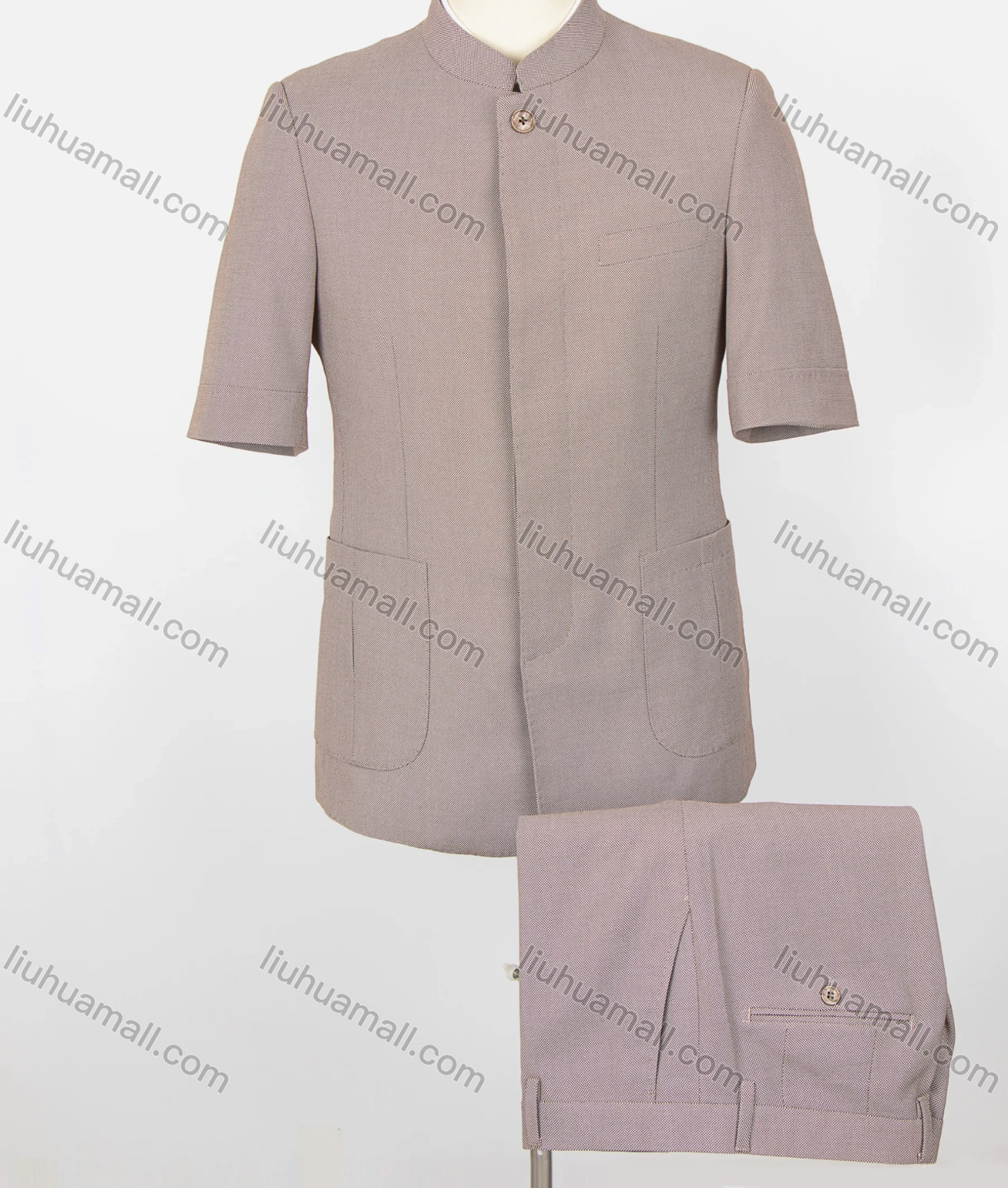 Wholesale Men's Plain Button Front Short Sleeve Patch Pocket Chinese Tunic Suit & Pants 2-Piece Sets BV220305# - Liuhuamall