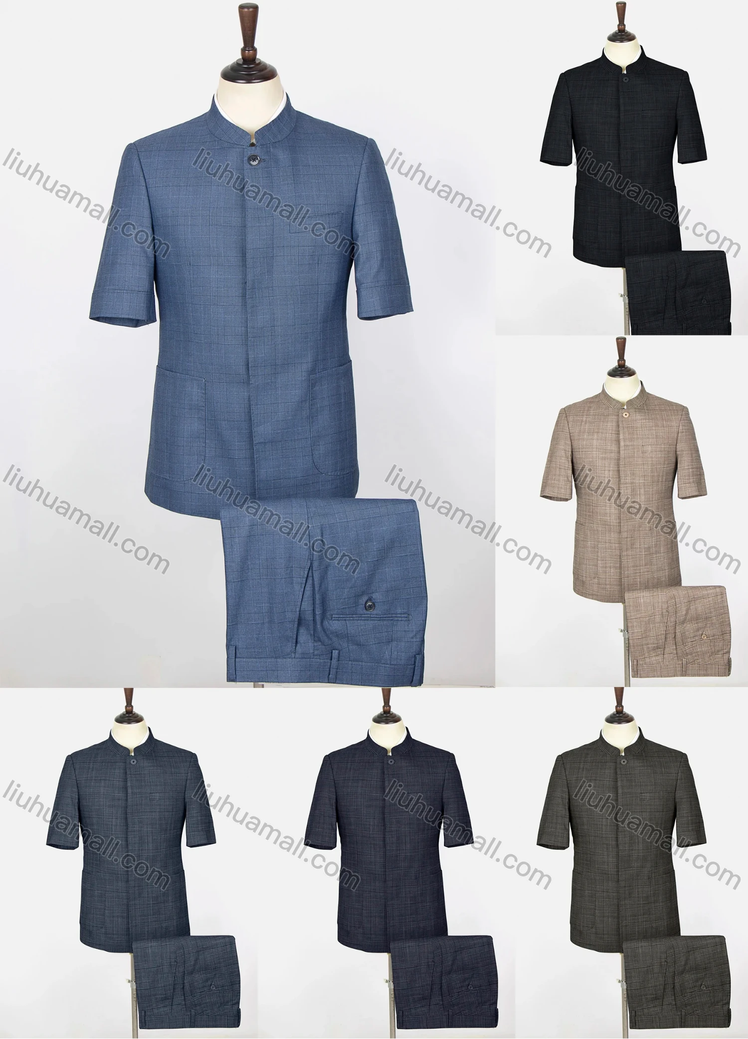 Wholesale Men's Plaid Print Button Front Stand Collar Patch Pocket Short Sleeve Chinese Tunic Suit & Pants 2-Piece Sets BV220306# - Liuhuamall