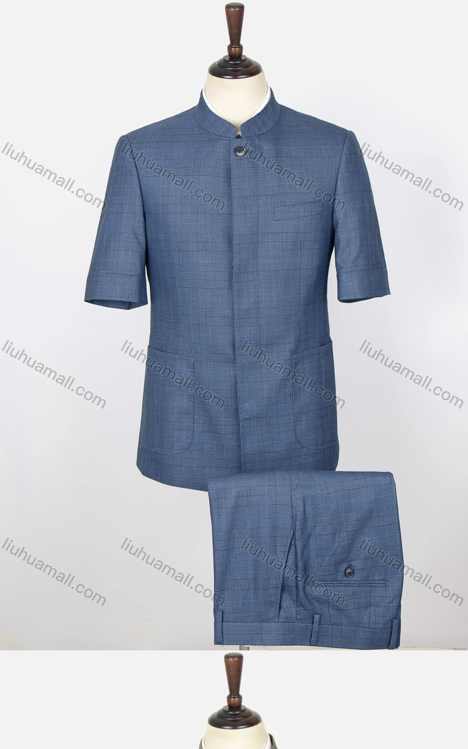 Wholesale Men's Plaid Print Button Front Stand Collar Patch Pocket Short Sleeve Chinese Tunic Suit & Pants 2-Piece Sets BV220306# - Liuhuamall