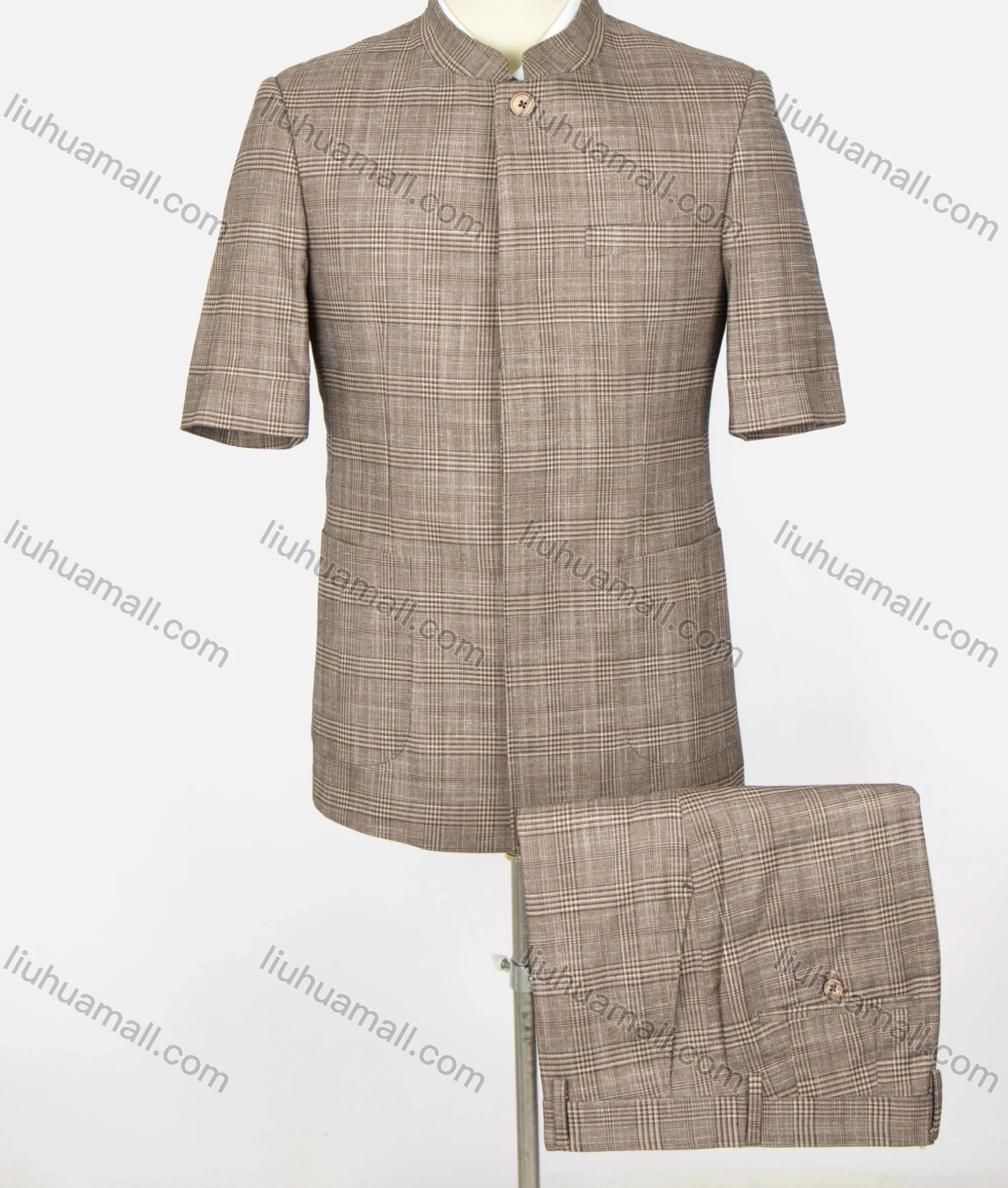 Wholesale Men's Plaid Print Button Front Stand Collar Patch Pocket Short Sleeve Chinese Tunic Suit & Pants 2-Piece Sets BV220306# - Liuhuamall