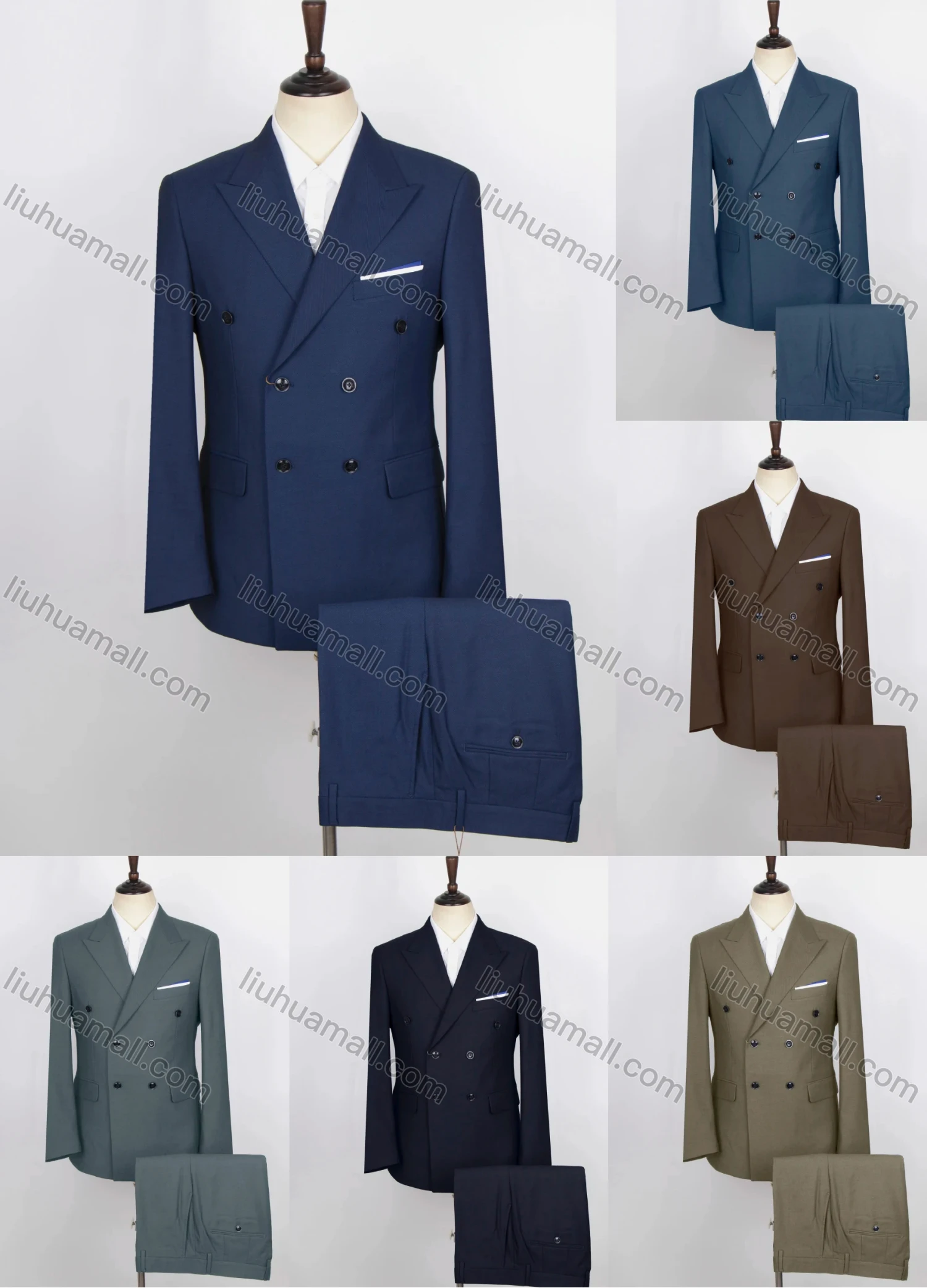 Wholesale Men's Business Plain Double Breasted Flap Pockets Blazer & Suit Pants 2-Piece Suit Sets DB220410# - Liuhuamall