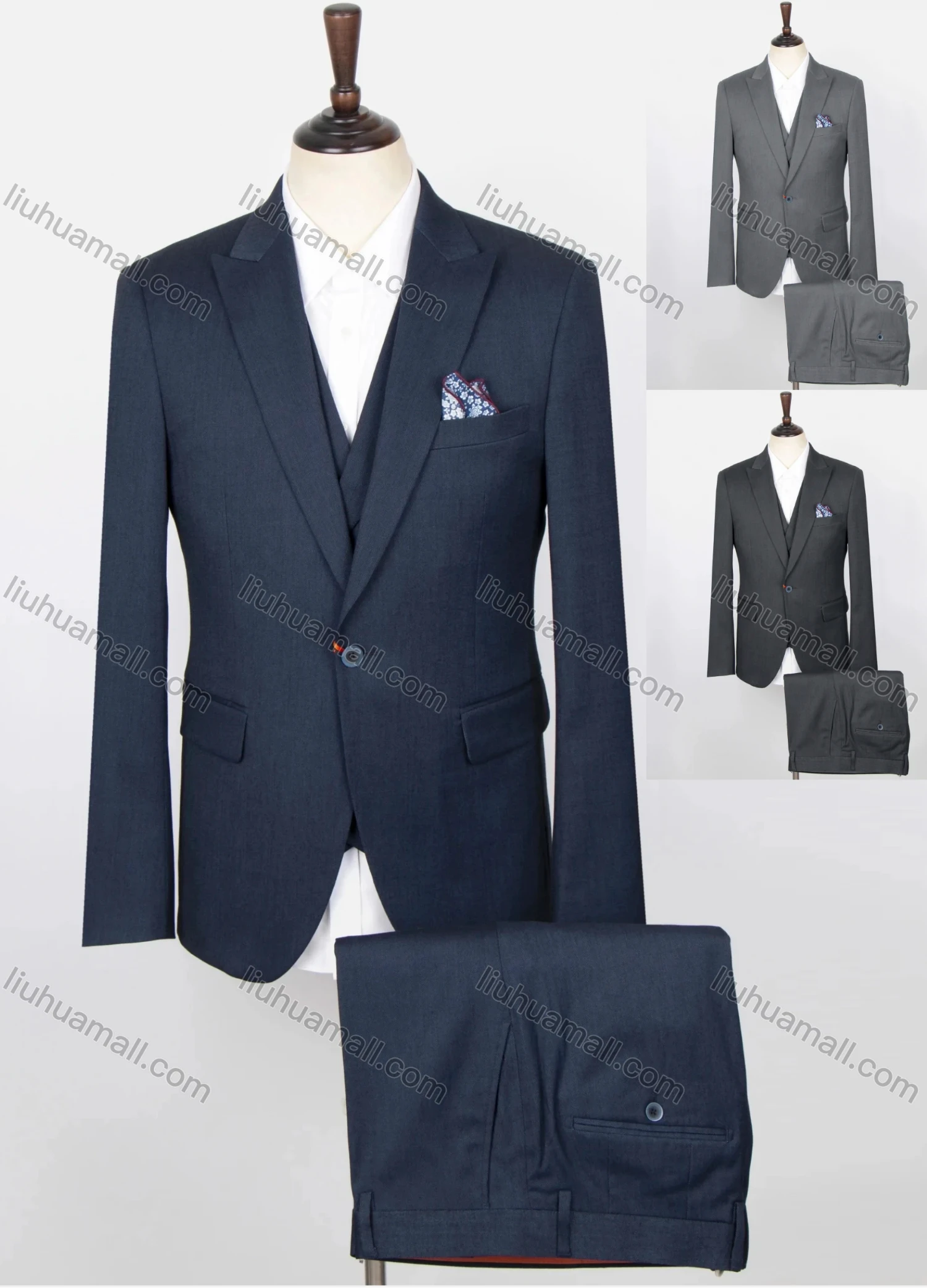 Wholesale Men's Plain Lapel Single Breasted Flap Pockets Blazer & Vest & Suit Pants 3-Piece Suit Sets FD220308# - Liuhuamall