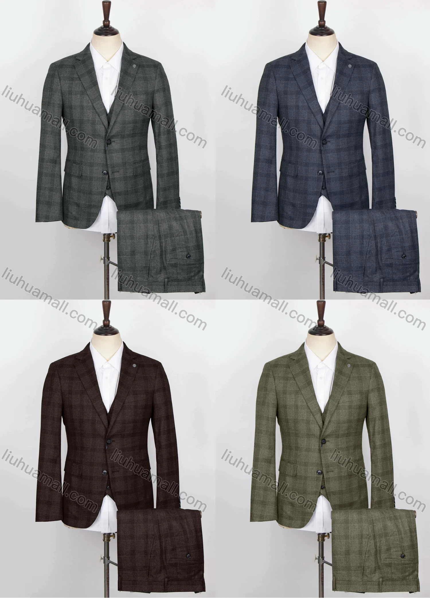 Wholesale Men's Plaid Print Two Button Flap Pockets Blazer & Vest & Suit Pants 3-Piece Suit Sets OG2207-X6502# - Liuhuamall