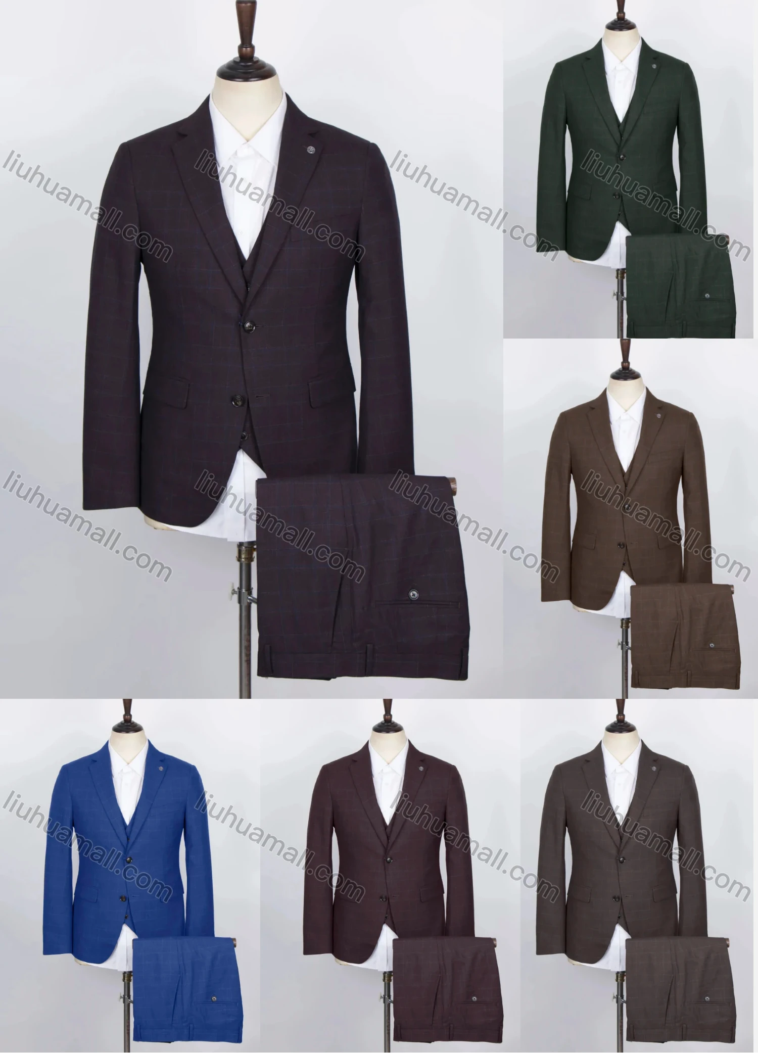 Wholesale Men's Plain Two Button Flap Pockets Single Breasted Blazer & Vest & Suit Pants 3-Piece Suit Sets OG2207-X7147# - Liuhuamall