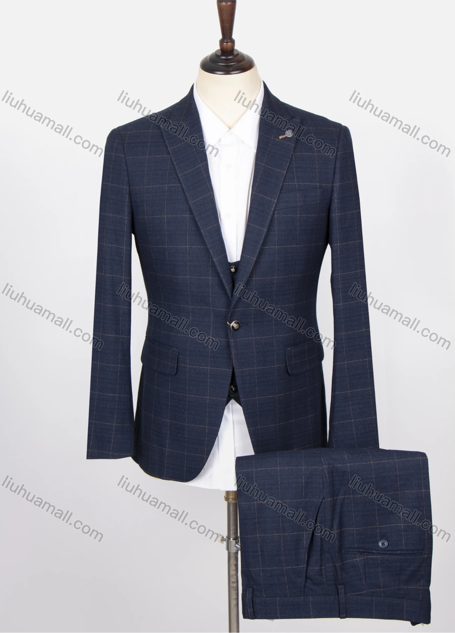 Wholesale Men's Plaid Print Single Breasted Flap Pockets Lapel Blazer & Vest & Suit Pants 3-Piece Suit Sets SD220330S# - Liuhuamall