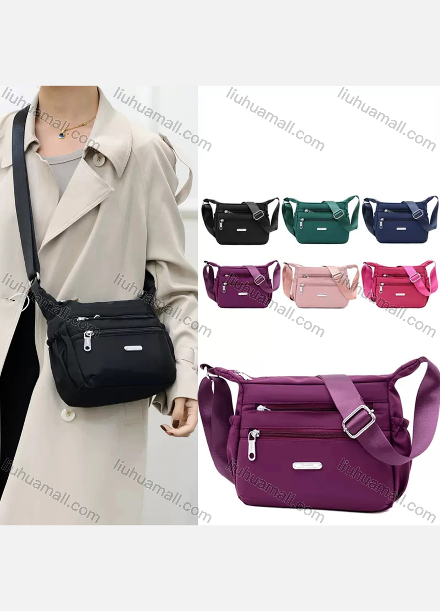 Wholesale Women's Casual Nylon Plain Waist Bag With Multiple Compartments - Liuhuamall