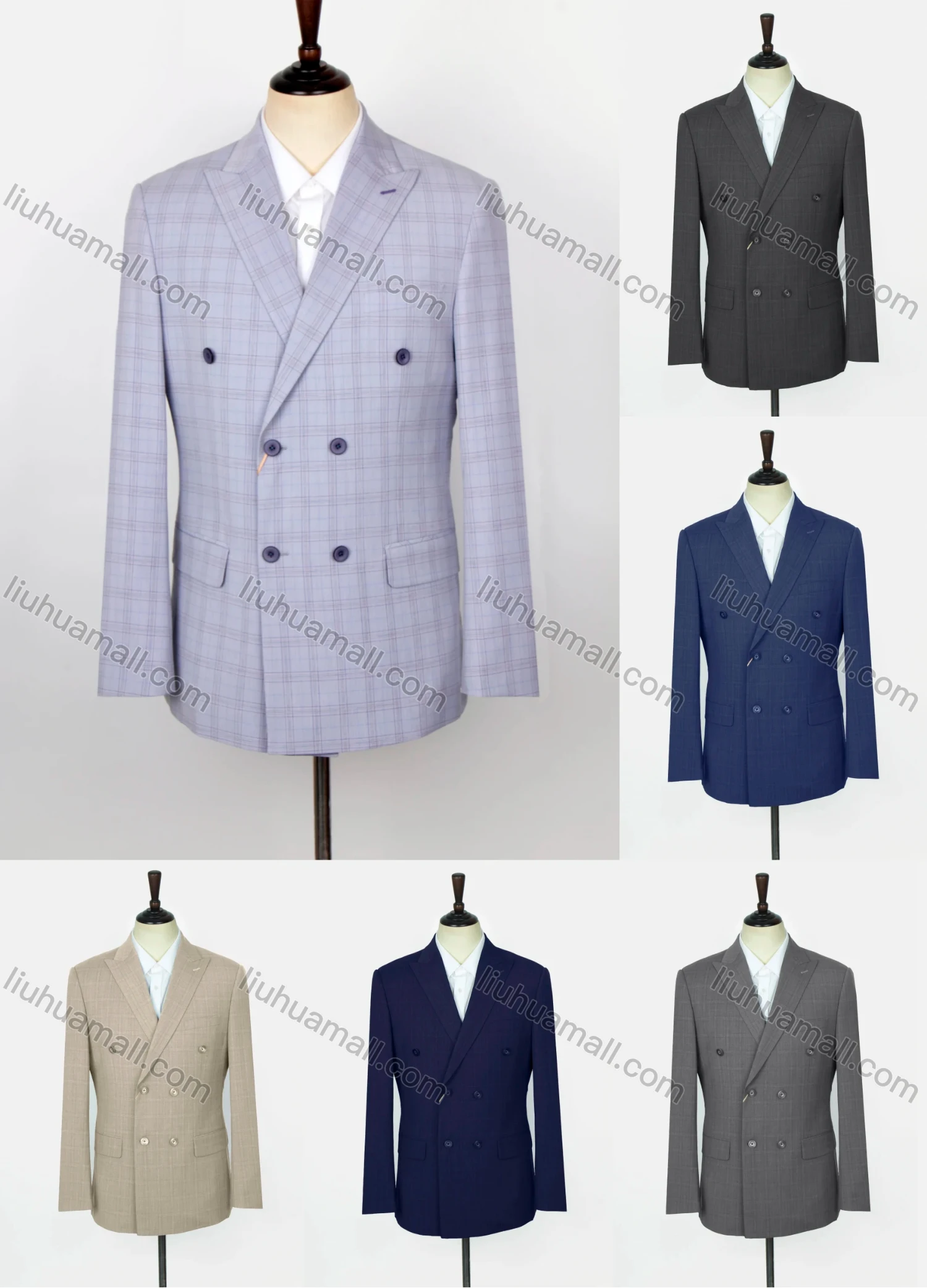 Wholesale Men's Formal Plaid Print Lapel Long Sleeve Double Breasted Flap Pockets Blazer Jackets X7348# - Liuhuamall