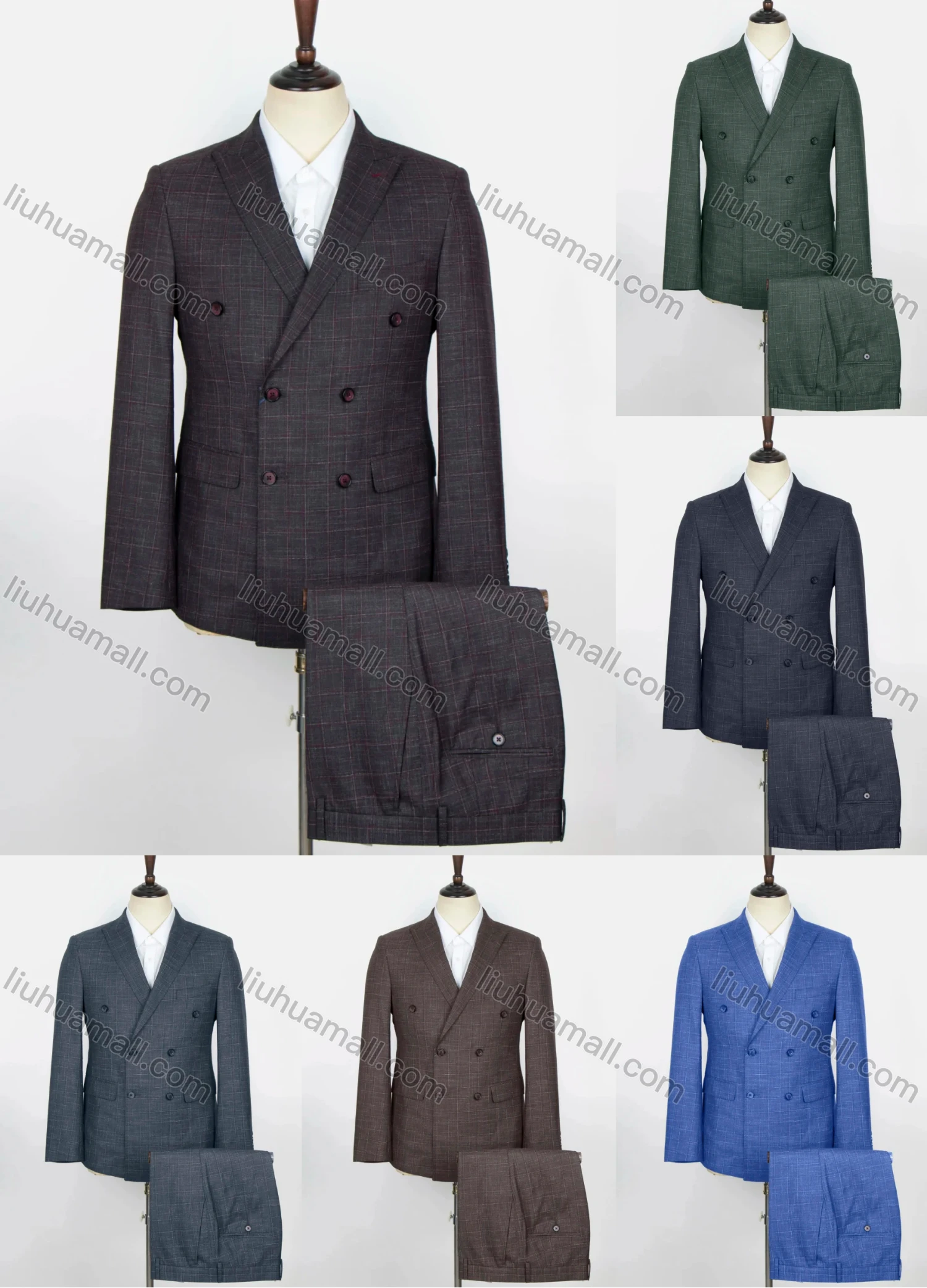 Wholesale Men's Formal Plaid Print Flap Pockets Double Breasted Blazer & Suit Pants 2-Piece Suit Sets OG2205-D2473-27# - Liuhuamall