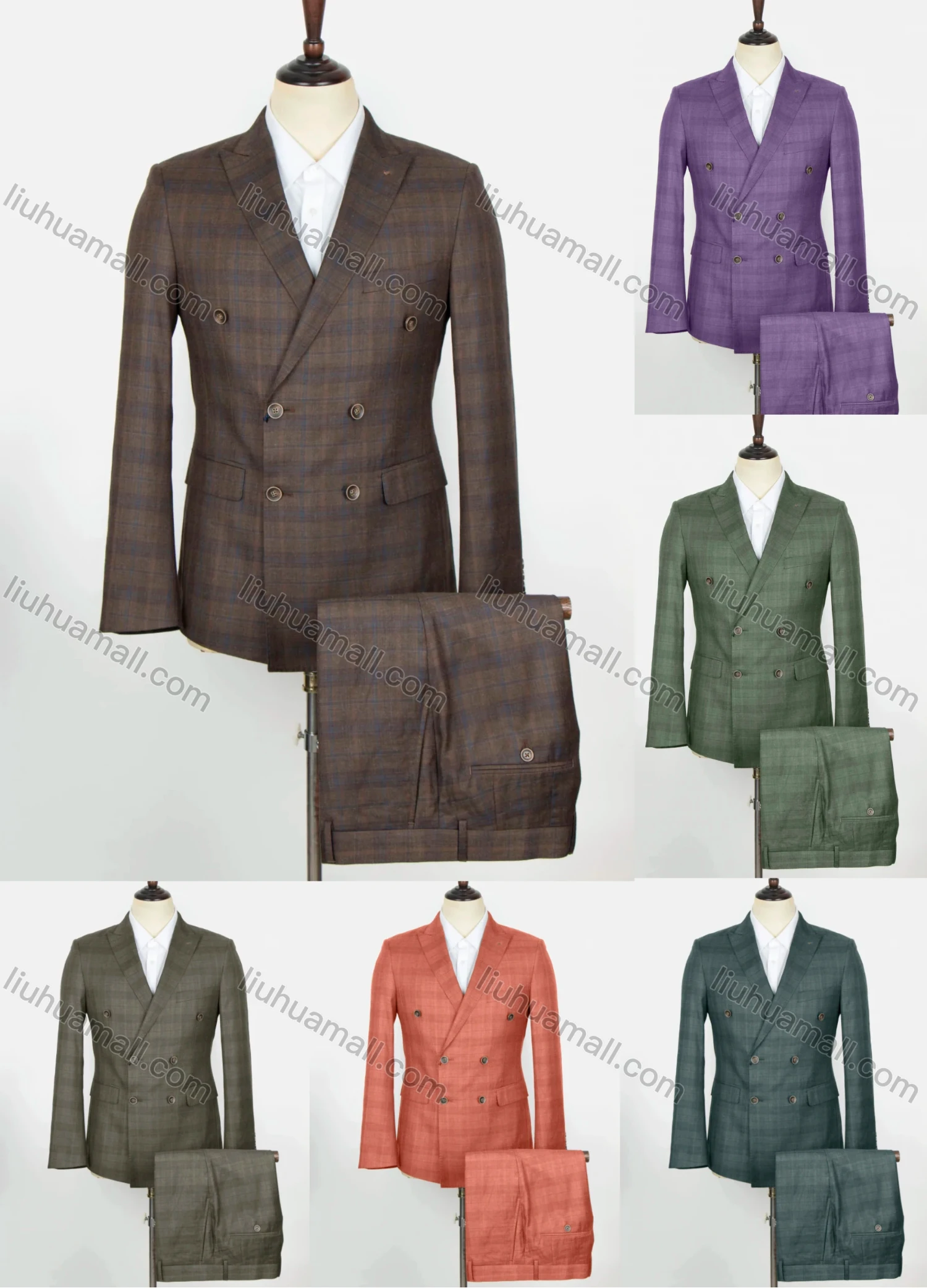 Wholesale Men's Formal Plaid Print Flap Pockets Double Breasted Blazer & Suit Pants 2-Piece Suit Sets OG2205-X6793-11# - Liuhuamall