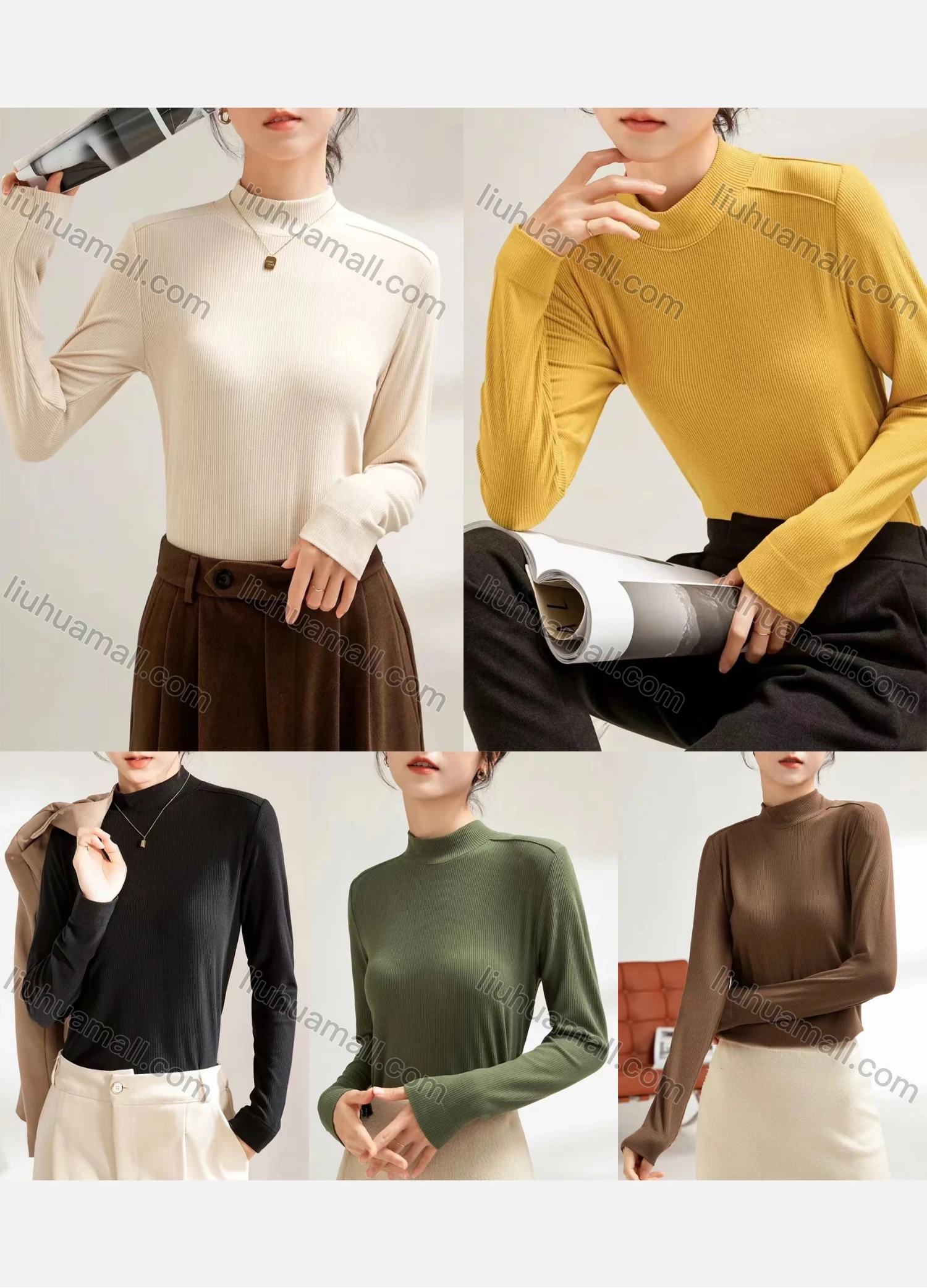 Wholesale Women's Casual Plain Mock Neck Long Sleeve Top 036# - Liuhuamall