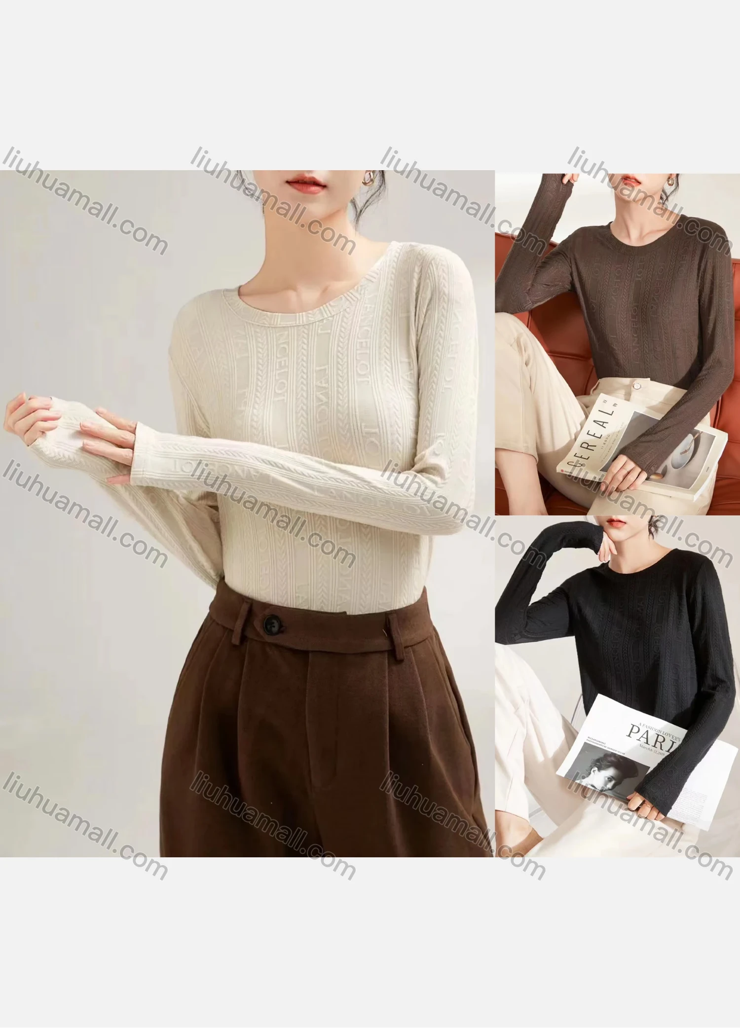 Wholesale Women's Casual Plain Round Neck Long Sleeve Top 040# - Liuhuamall
