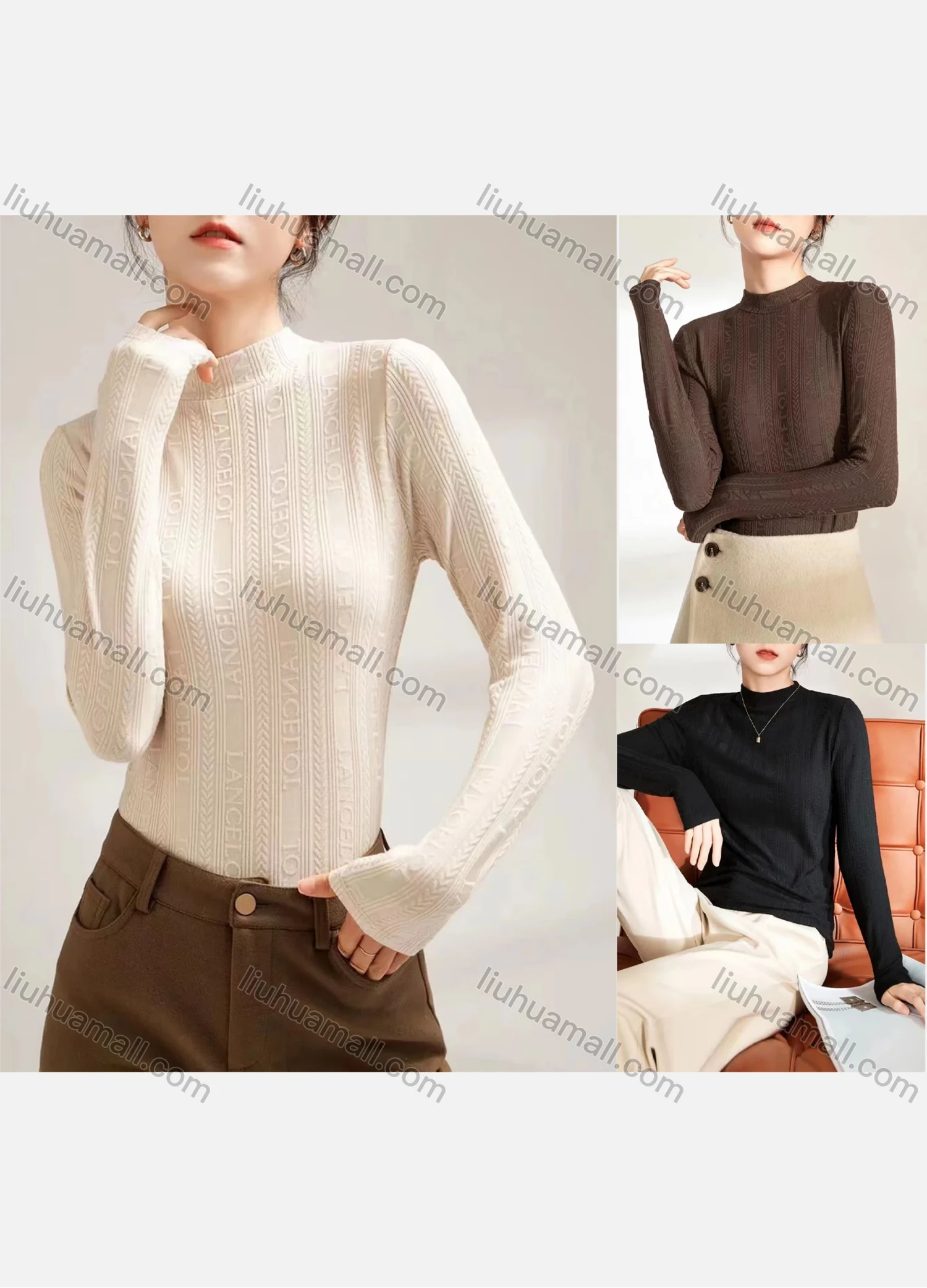 Wholesale Women's Casual Letter Print Mock Neck Long Sleeve Top 039# - Liuhuamall